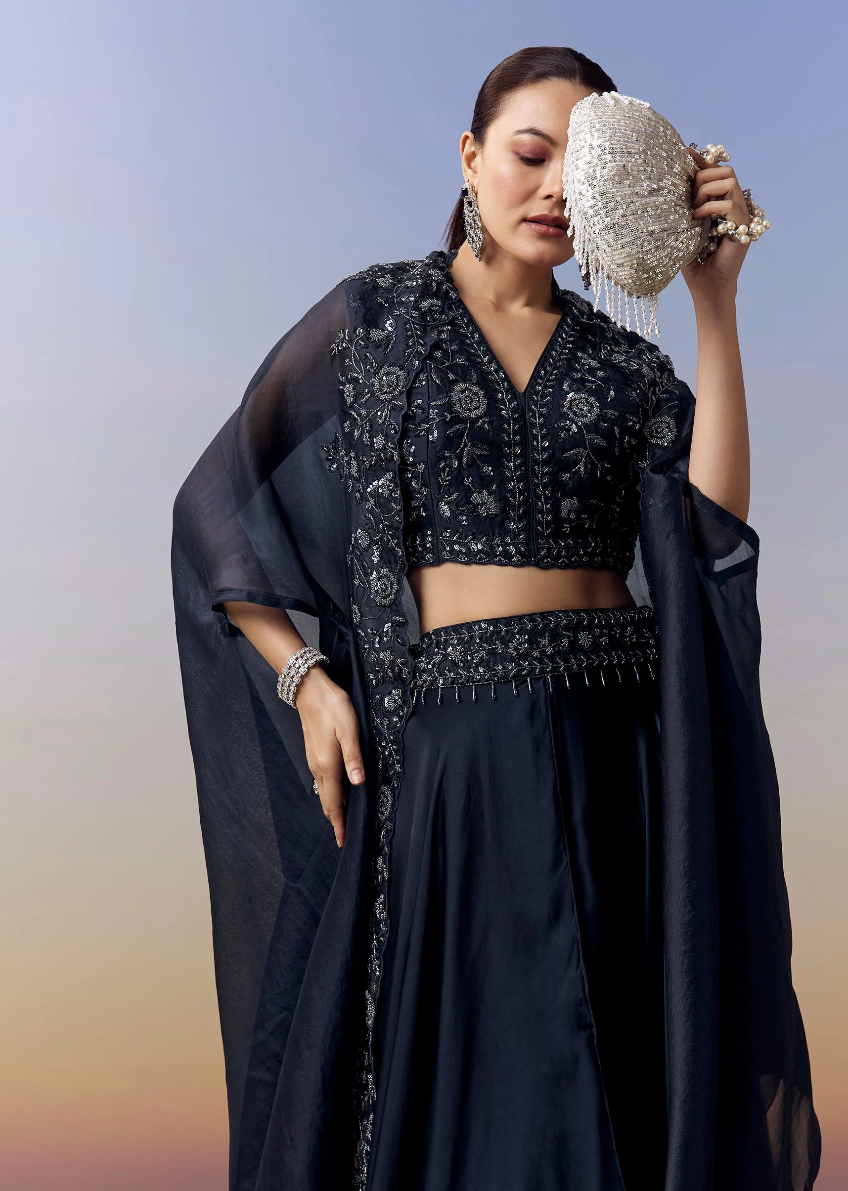 Navy Blue Indo Western Crop Top Skirt Set With Moti Work And Cape - Image 4