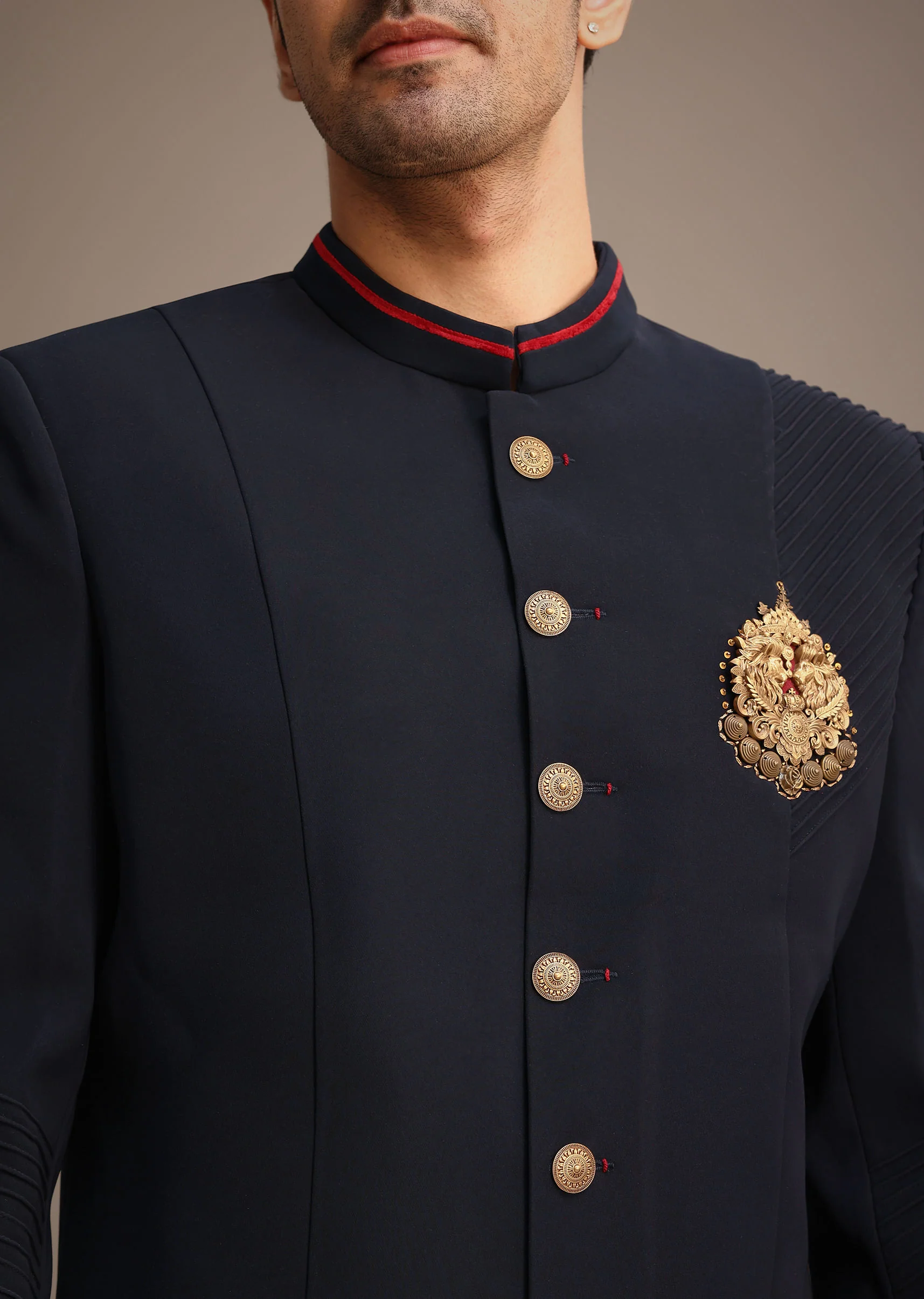 Navy Blue Indowestern Set With Animal Motif Brooch