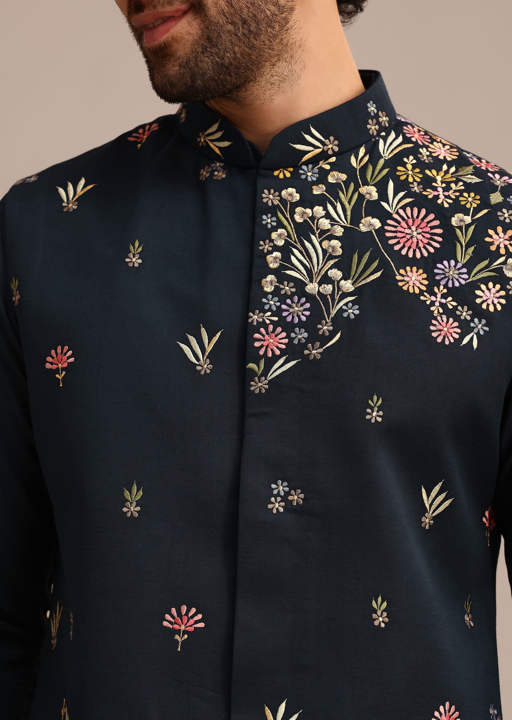 Navy Blue Kurta Jacket Set With Floral Embroidered Motifs - Image 2