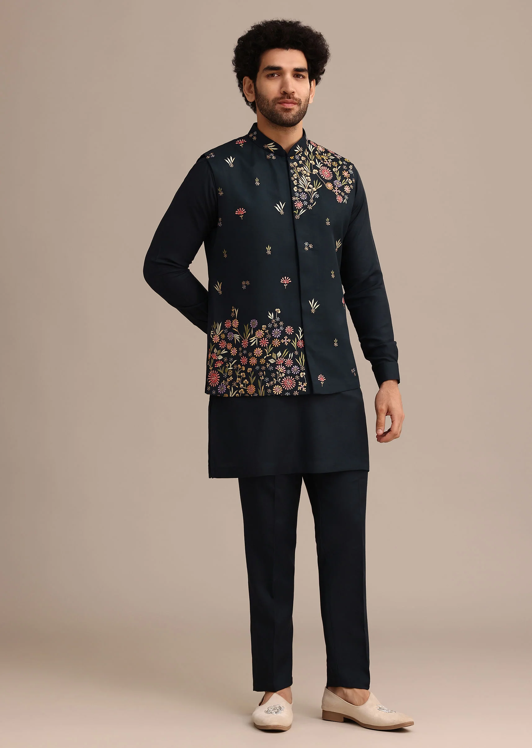 Navy Blue Kurta Jacket Set With Floral Embroidered Motifs - Image 3