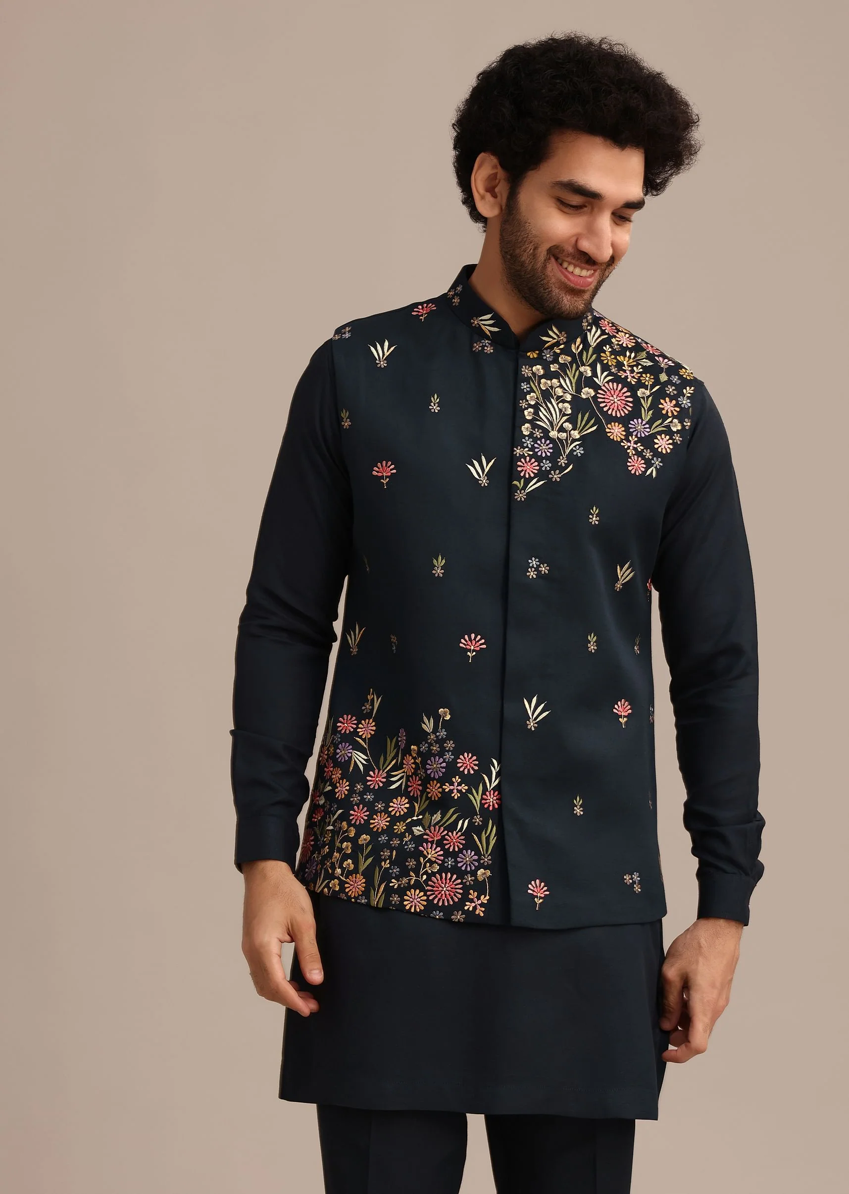 Navy Blue Kurta Jacket Set With Floral Embroidered Motifs - Image 4