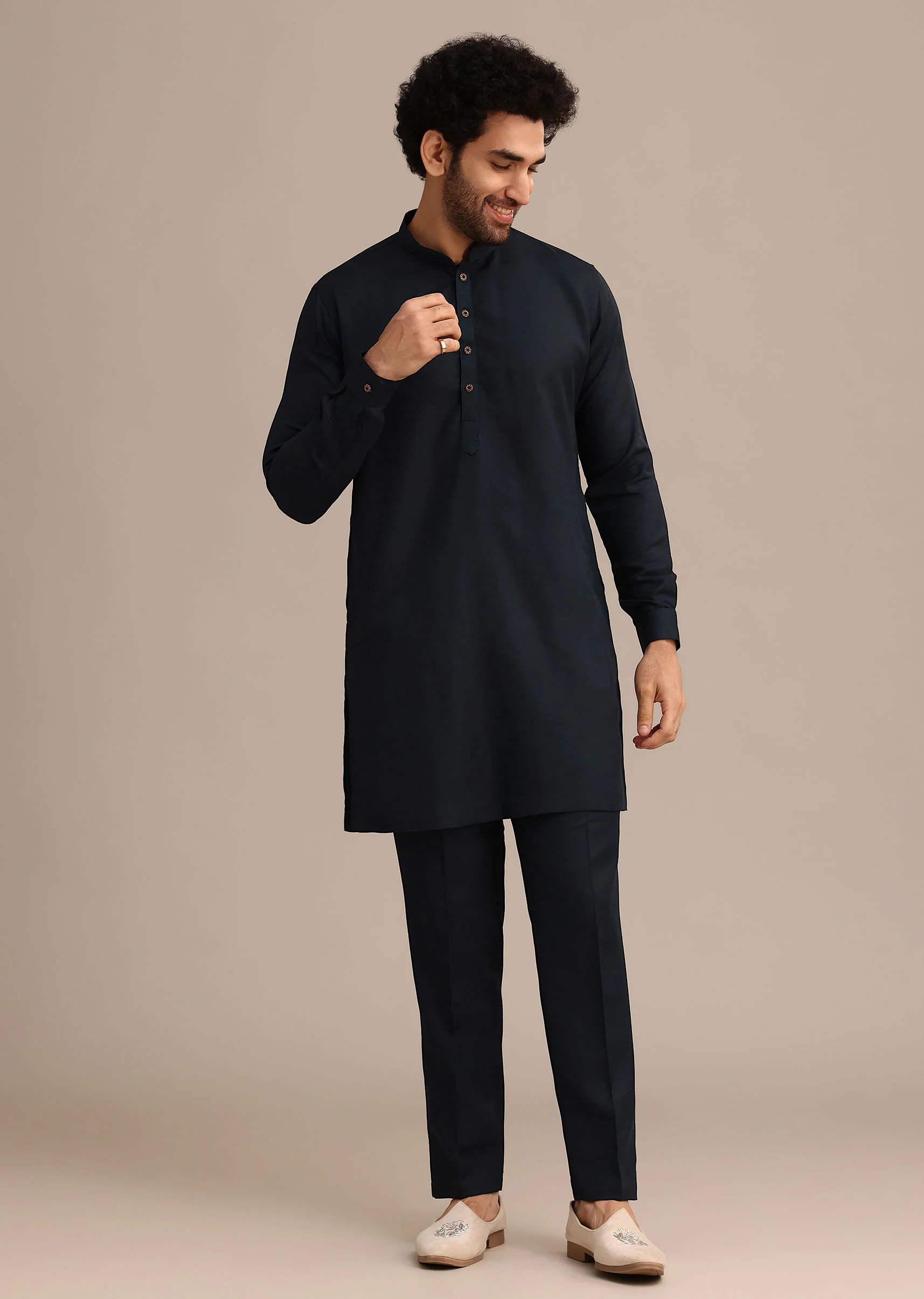 Navy Blue Kurta Jacket Set With Floral Embroidered Motifs - Image 6