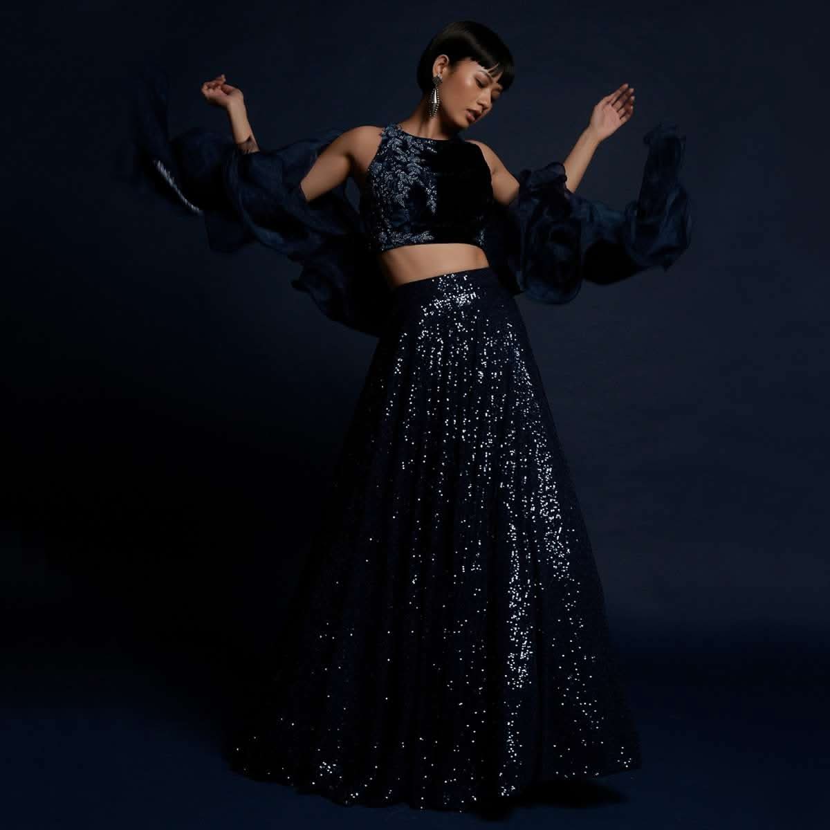 Navy Blue Lehenga Embellished In Sequins With Cut Dana Embellished Crop Top And Ruffle Dupatta - Image 3