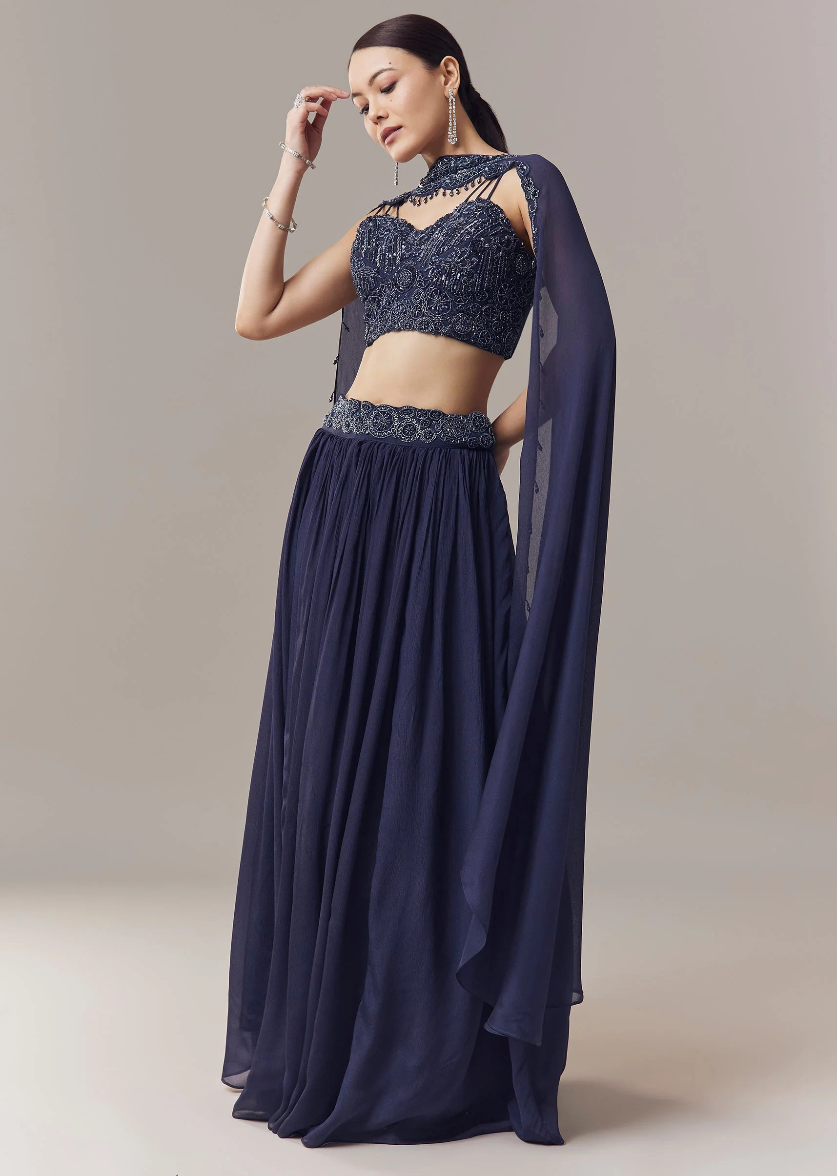 Navy Blue Lehenga With Beads Sequins And Cut Dana Work