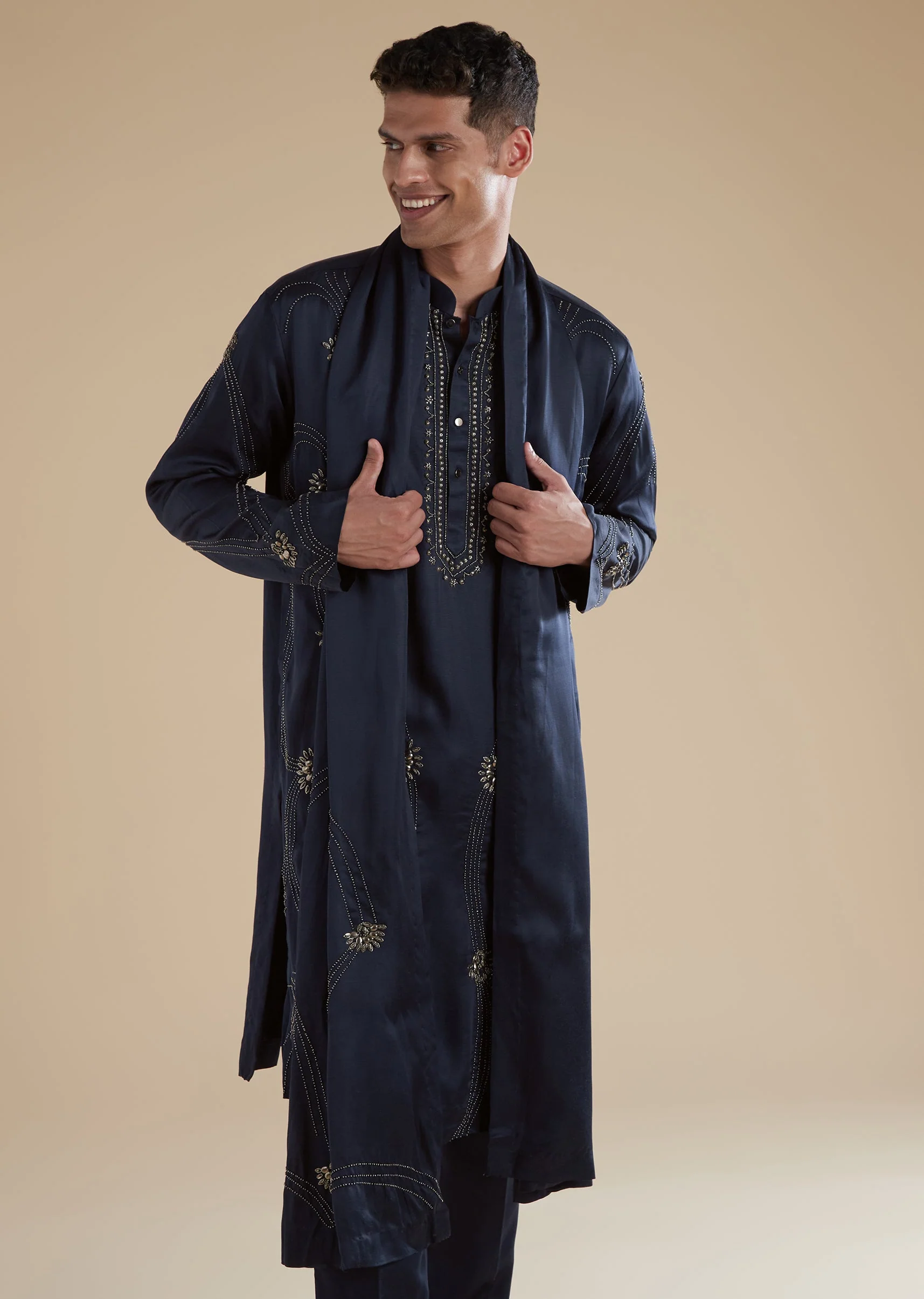 Navy Blue Linen Satin Mens Kurta Set with Metal Beads Detail Work - Image 2