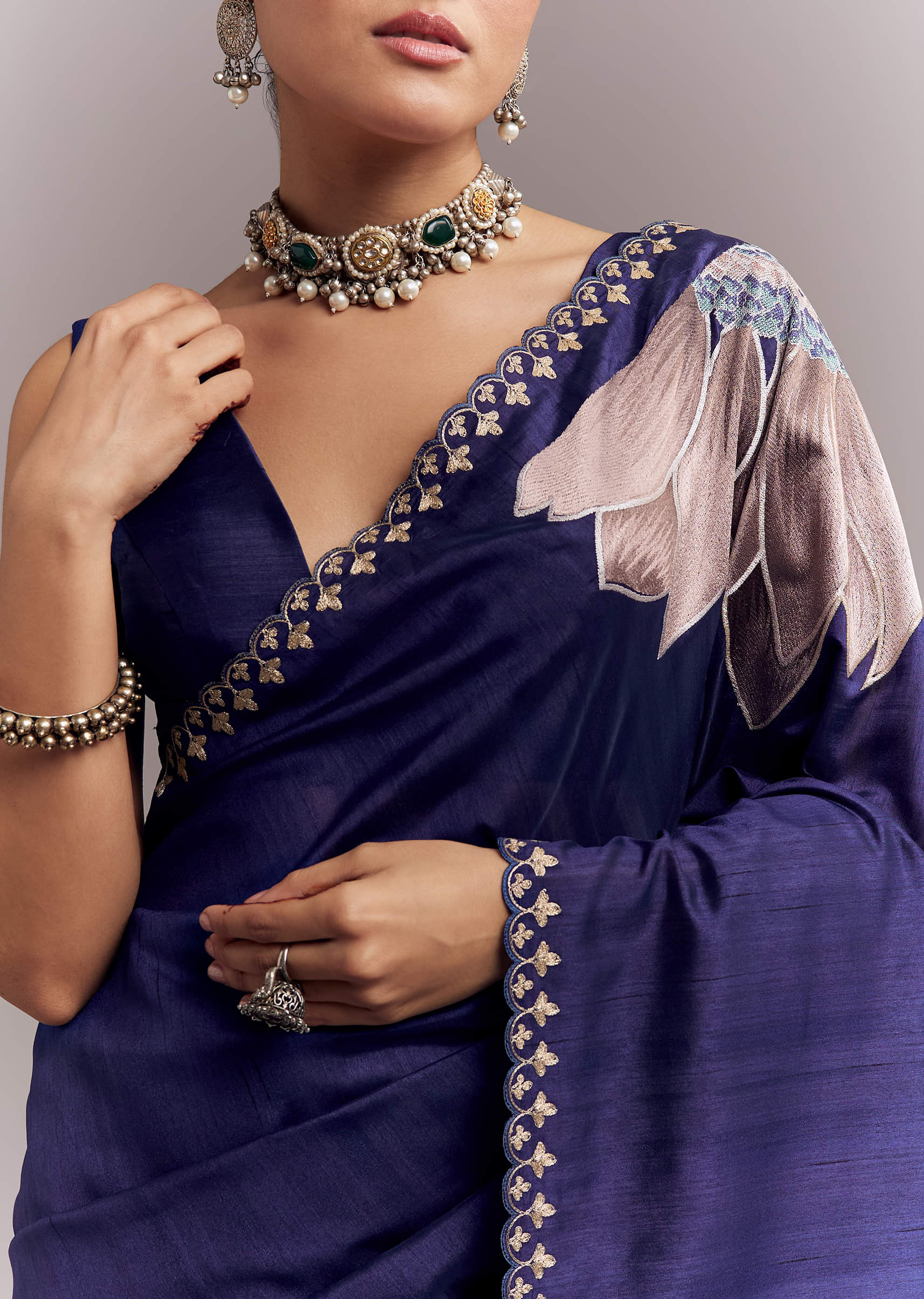 Navy Blue Organza Silk Saree With Floral Embroidery And Cutwork - Image 2