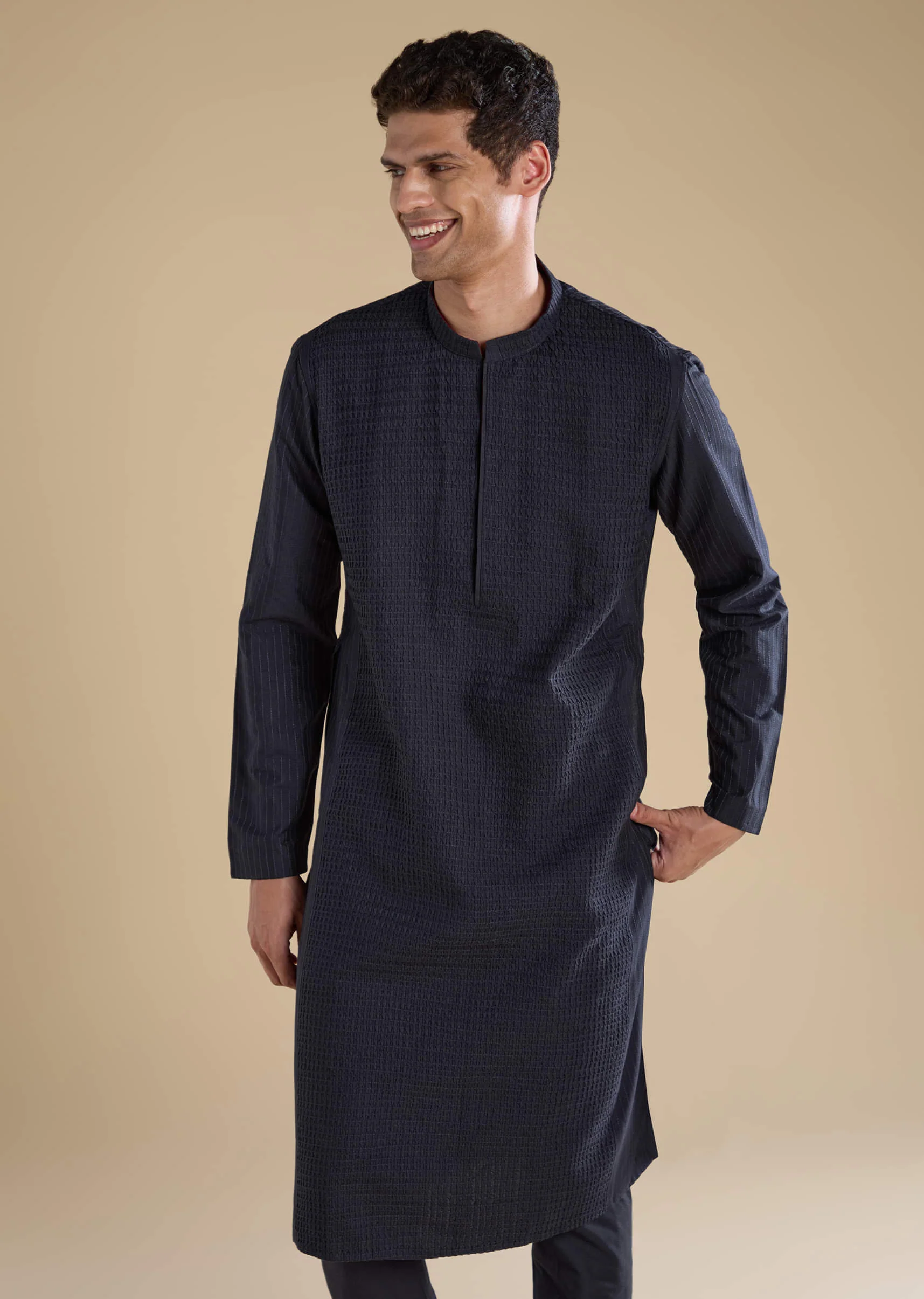 Navy Blue Pintuck Mens Kurta Set - Image 3