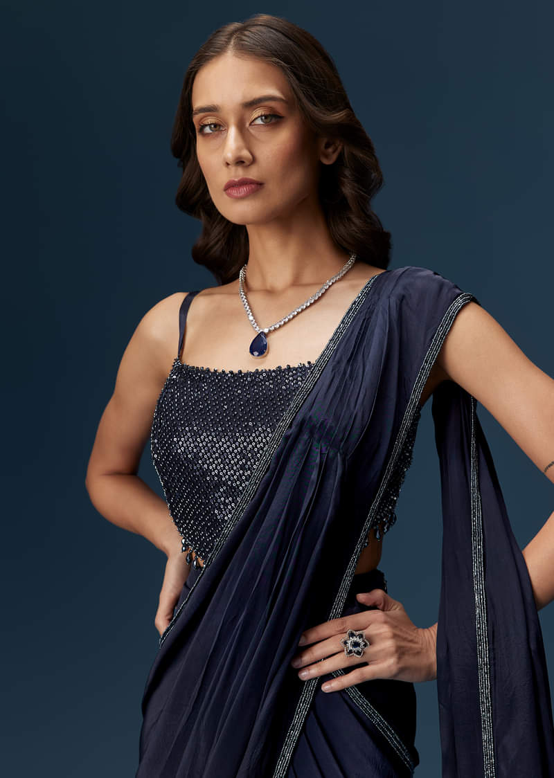 Navy Blue Pre Draped Saree With Embroidered Blouse - Image 4