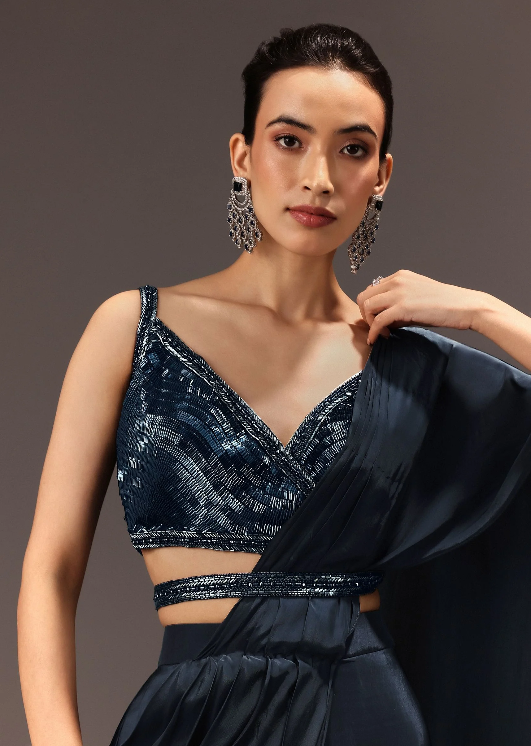 Navy Blue Pre Draped Saree With Sequin Blouse And Belt - Image 4
