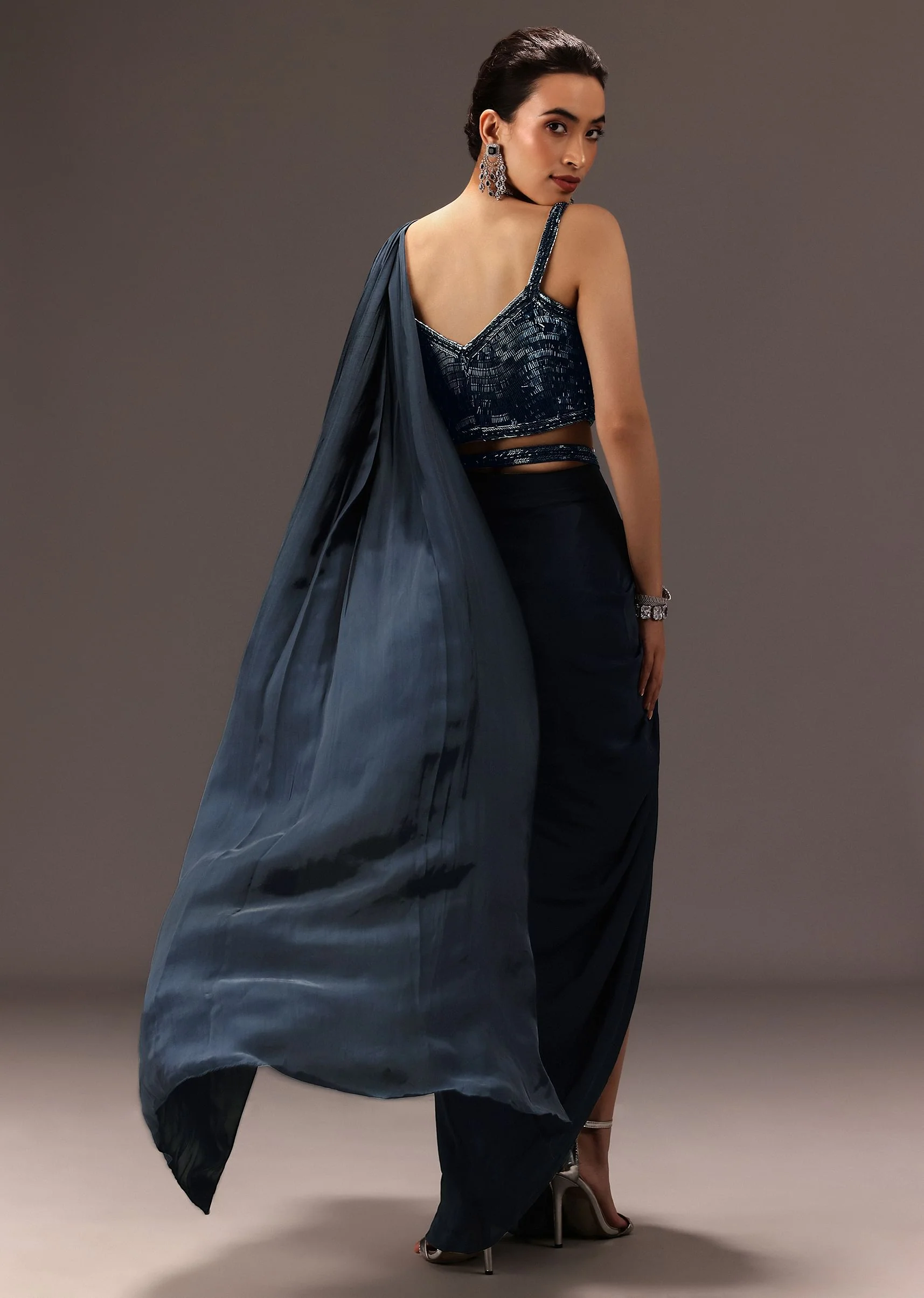 Navy Blue Pre Draped Saree With Sequin Blouse And Belt - Image 5