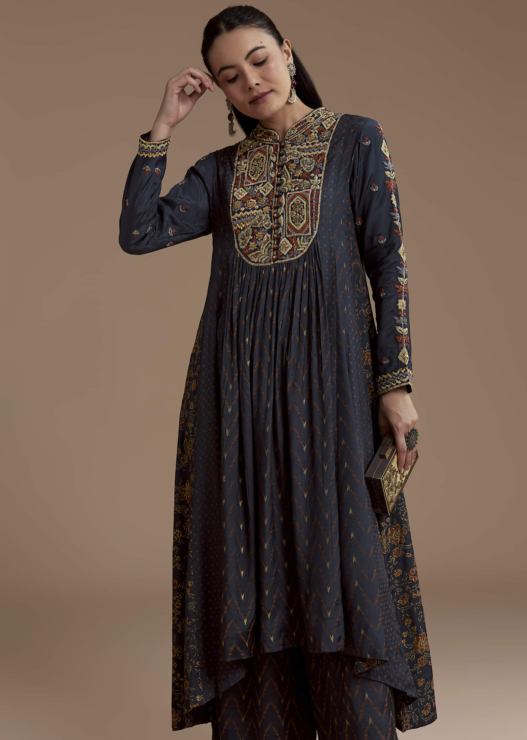 Navy Blue Printed Cotton Kurta and Palazzo Set - Image 4