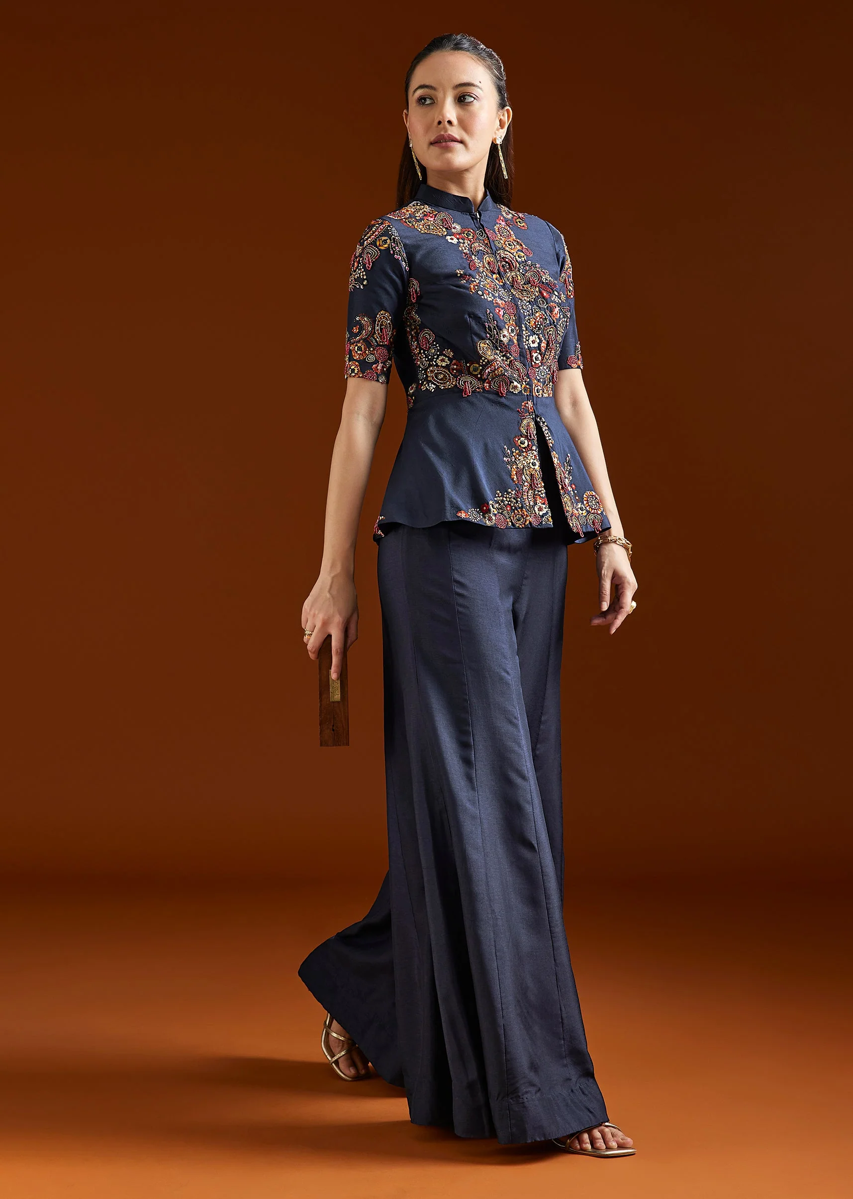 Navy Blue Printed Silk Blend Peplum Palazzo Set - Image 3