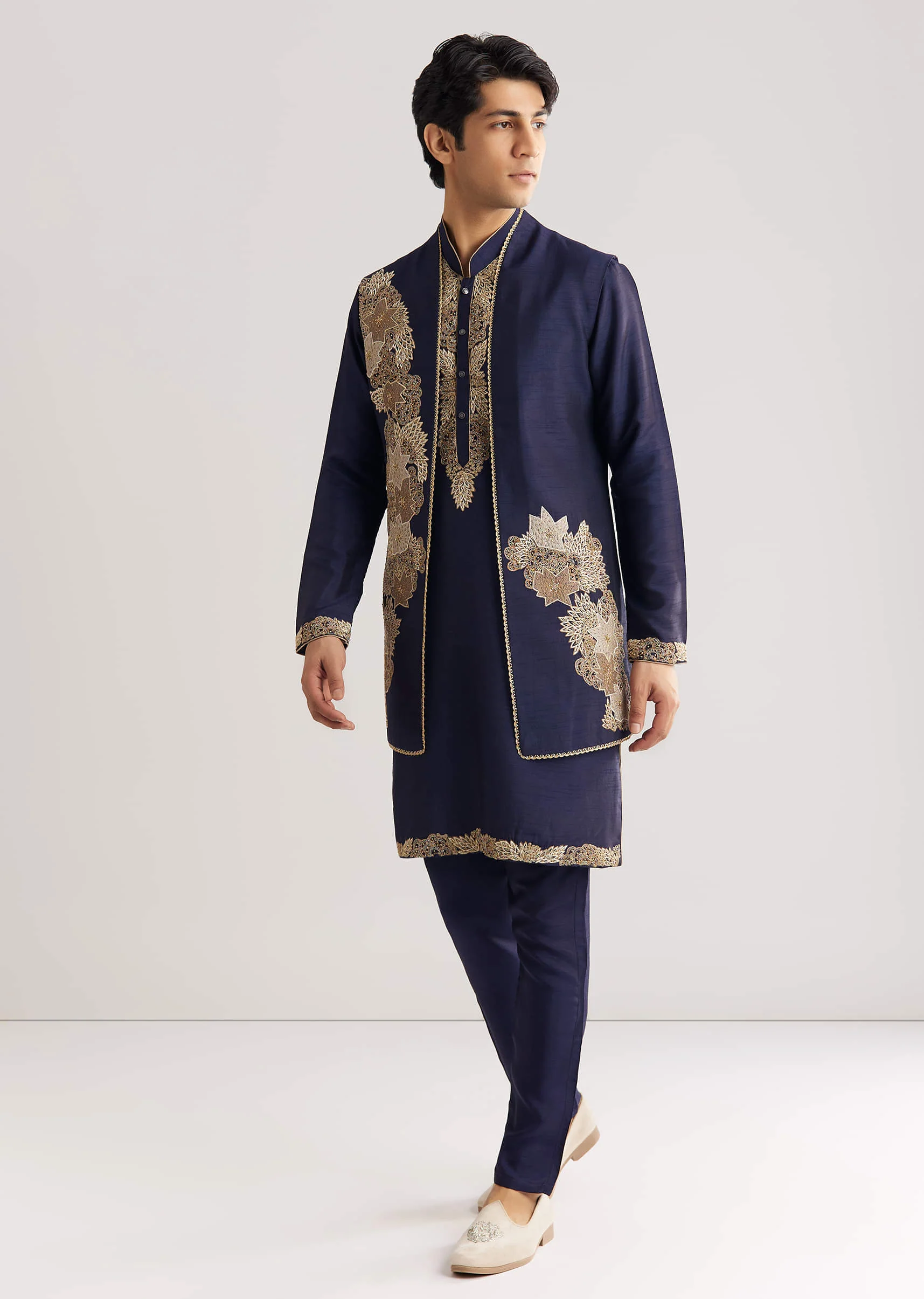 Navy Blue Rawsilk Jacket Kurta Set With Floral Beaded And Threadwork - Image 2