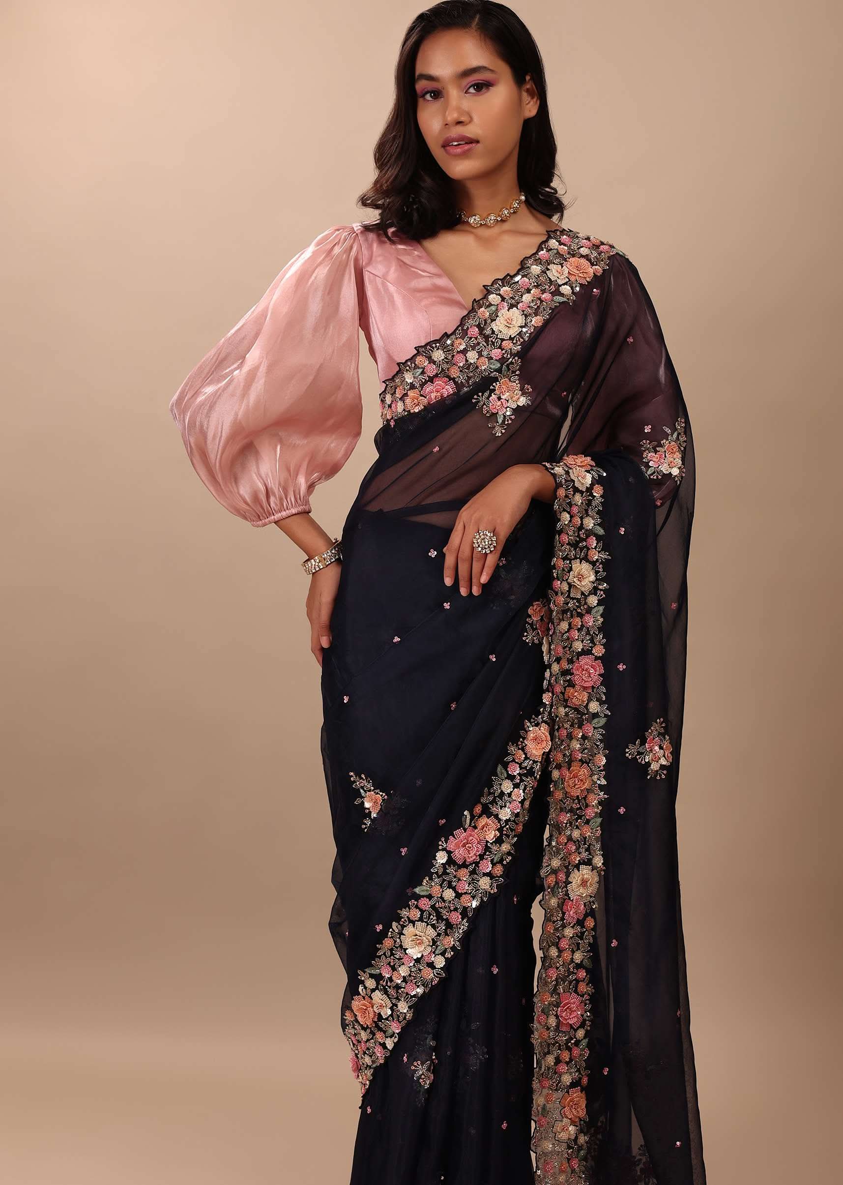 Navy Blue Saree In Organza With 3D Floral Embroidery In Moti, Cut Dana, And Sequins - Image 2