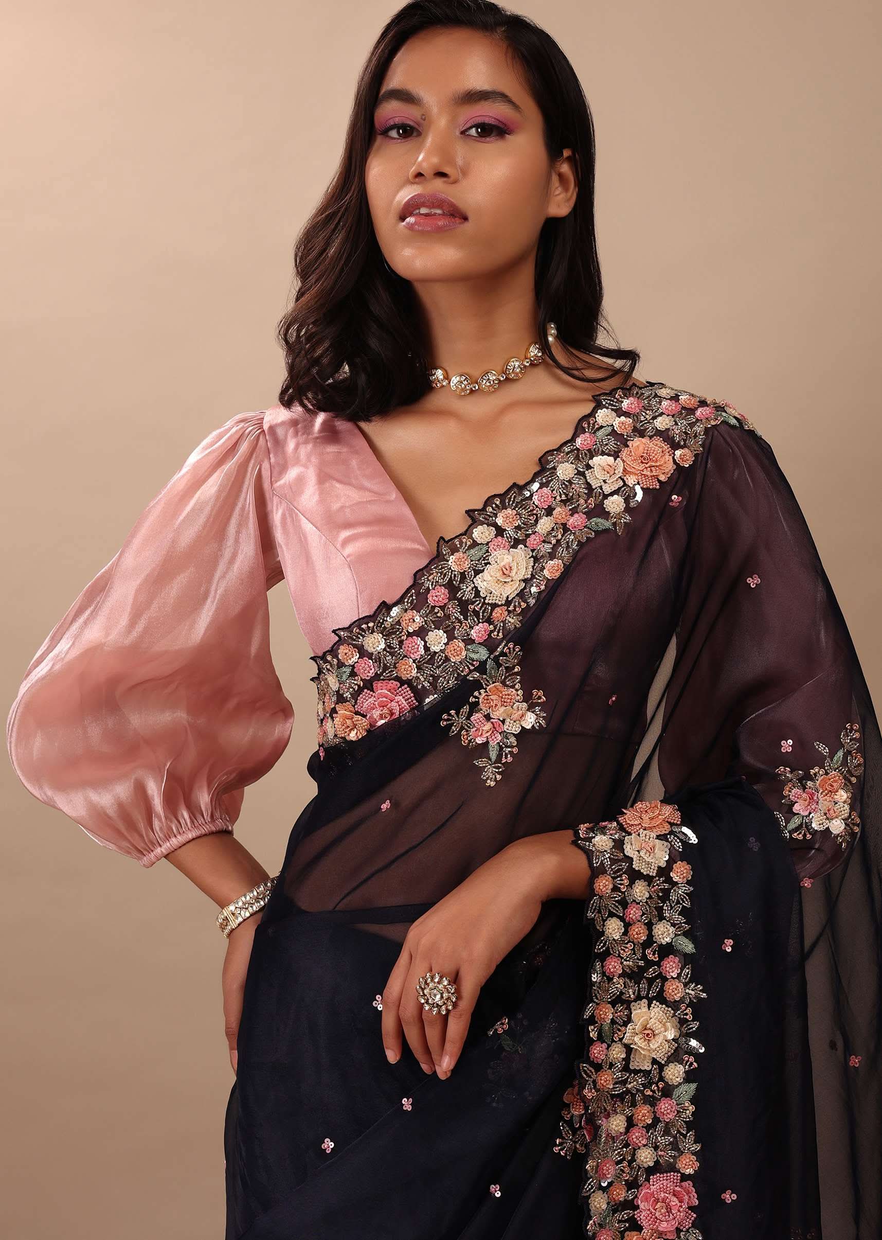 Navy Blue Saree In Organza With 3D Floral Embroidery In Moti, Cut Dana, And Sequins - Image 4