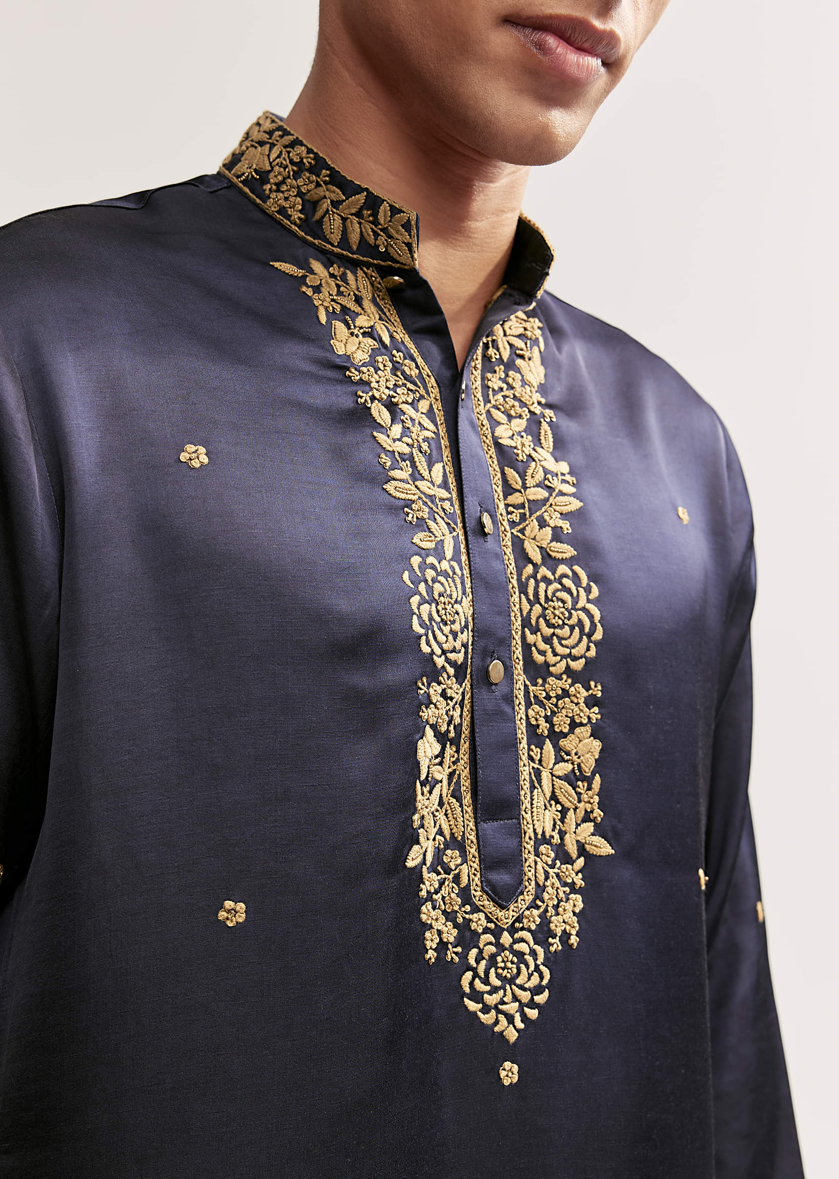 Navy Blue Satin Blend Kurta Set For Men With Zardosi Work - Image 2