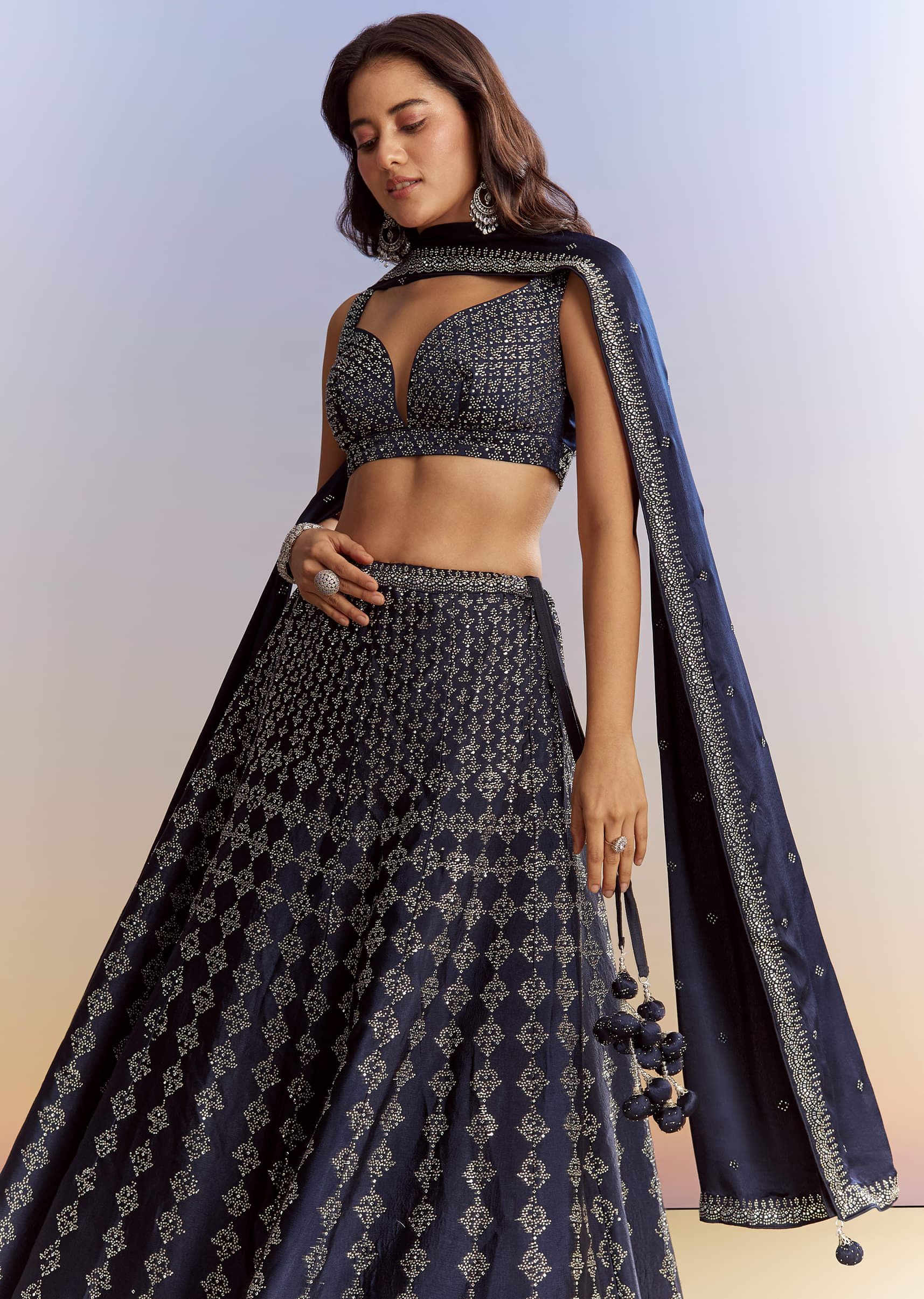 Navy Blue Satin Bridesmaid Lehenga With Stone Work - Image 4
