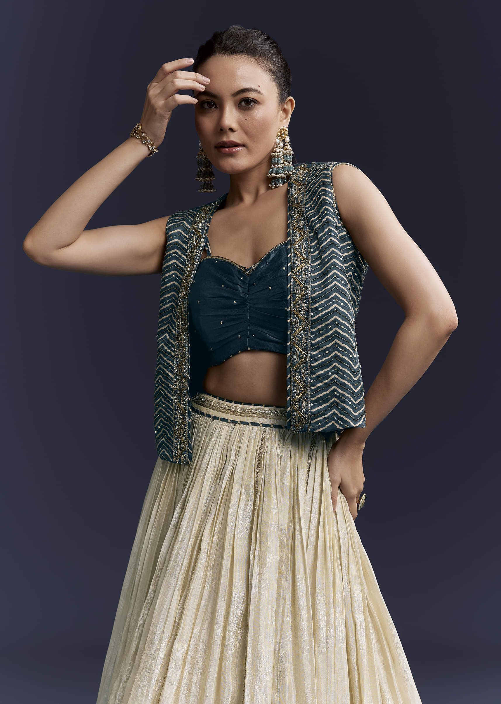 Navy Blue Satin Festive Lehenga With Hand Dyed Chevron Print Jacket - Image 5
