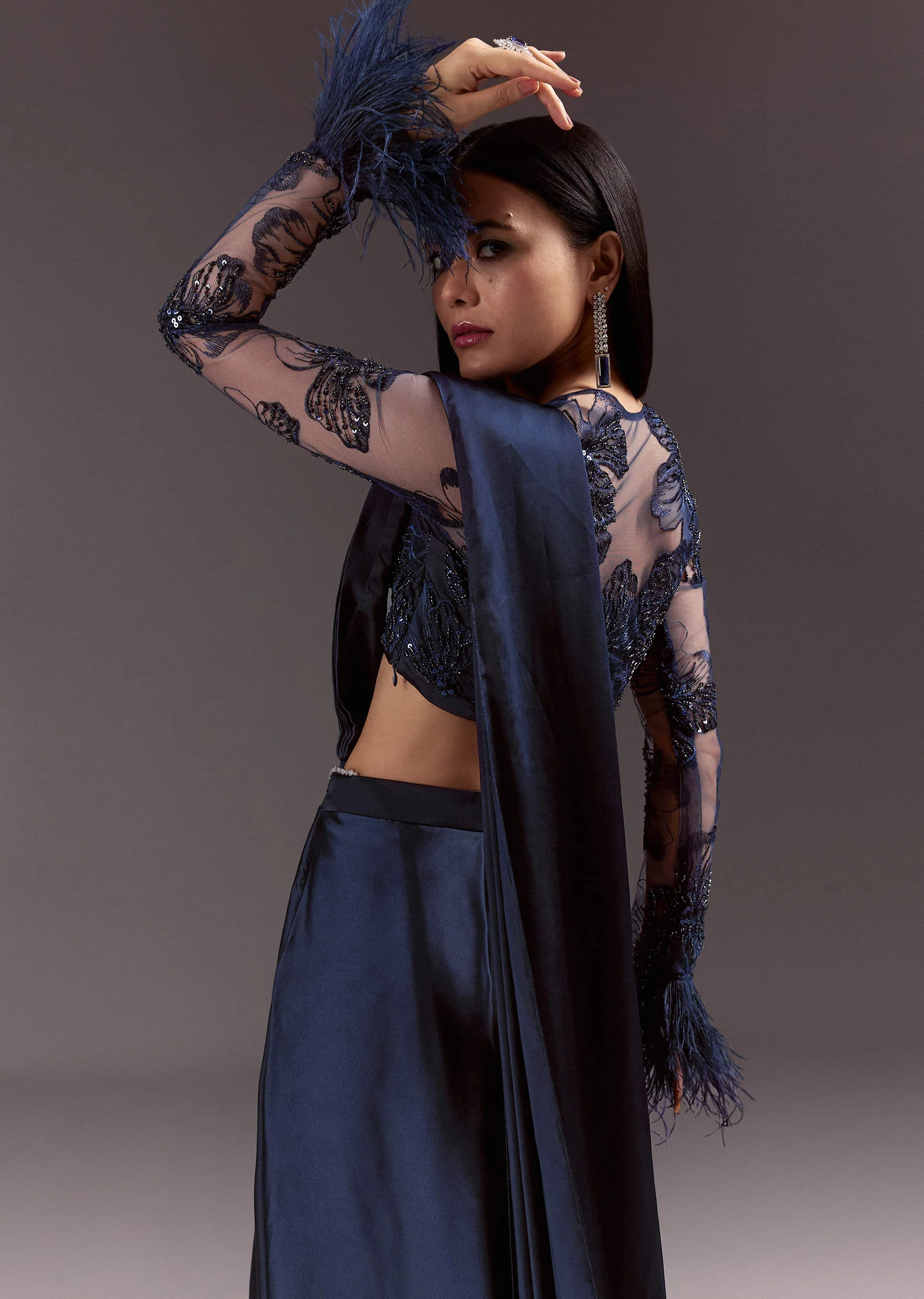 Navy Blue Satin Pleated Saree With Full Sleeve V Neck Blouse - Image 5