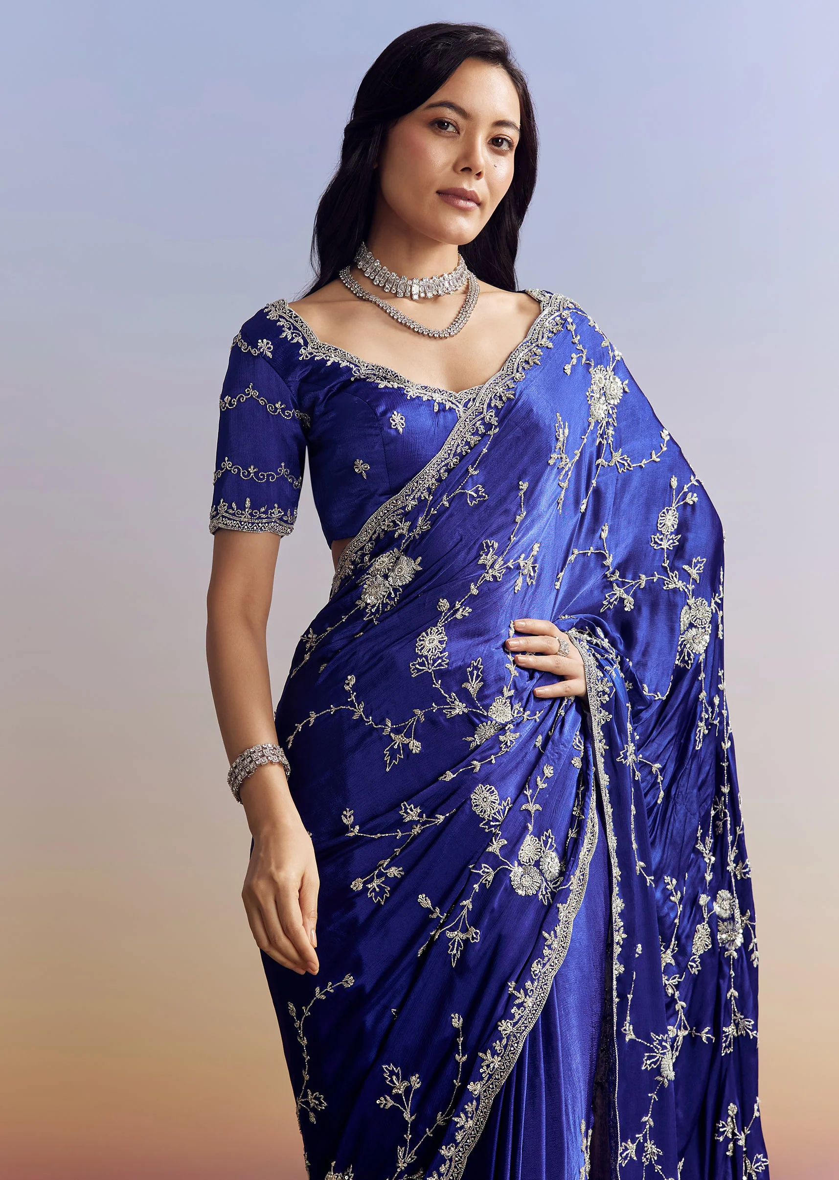 Navy Blue Satin Saree With All Over Floral Jaal Embroidery - Image 5