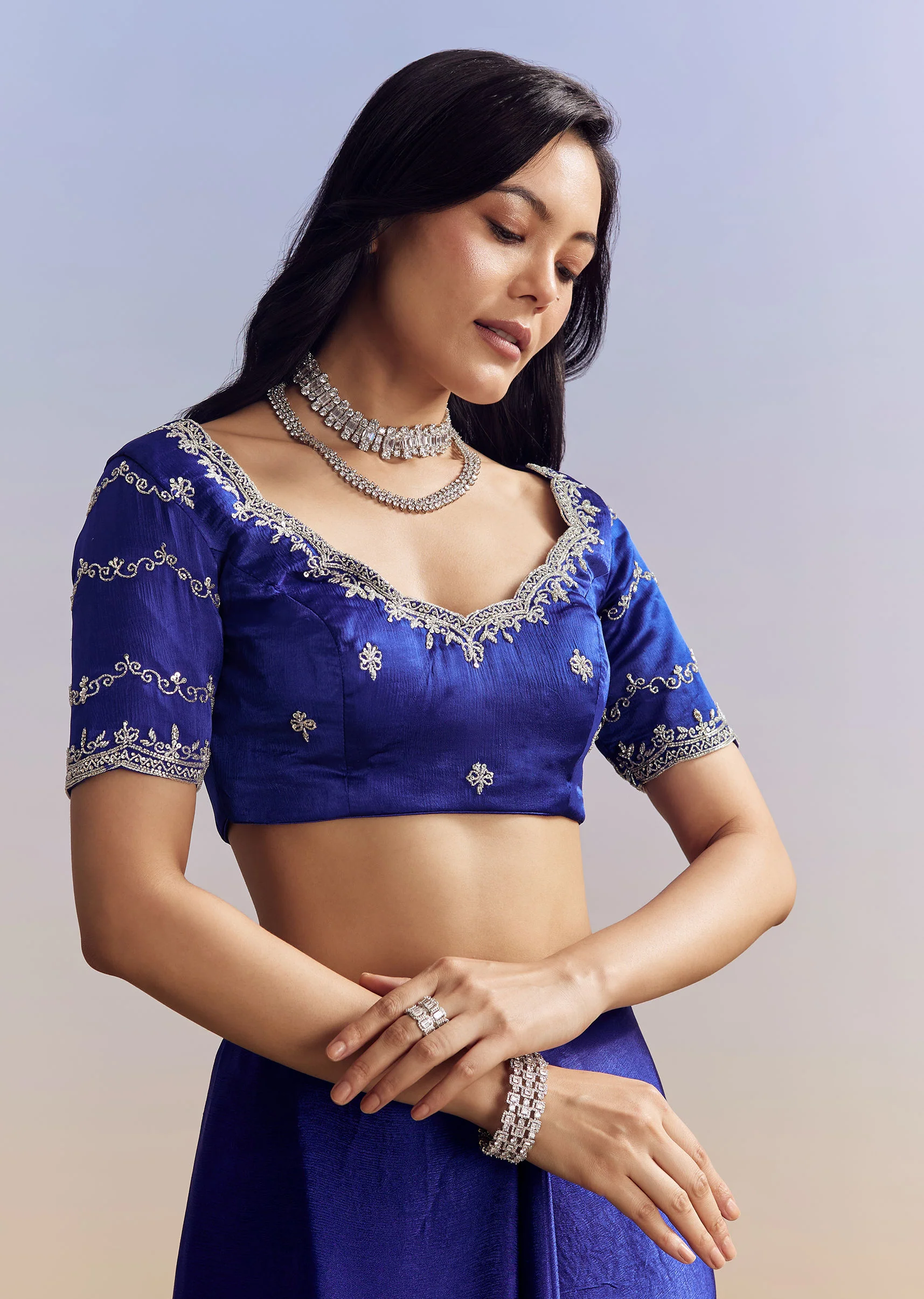 Navy Blue Satin Saree With All Over Floral Jaal Embroidery - Image 7