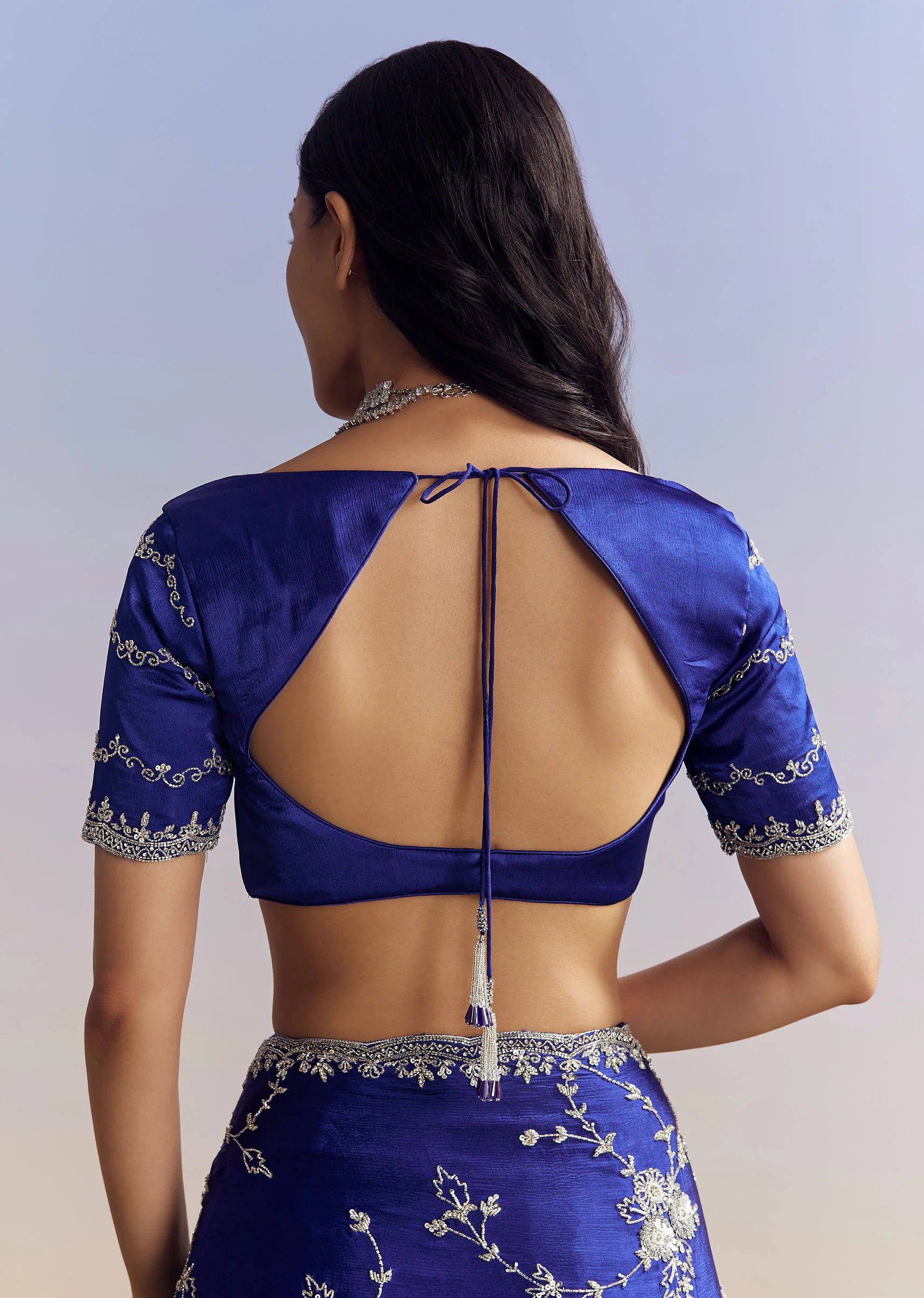 Navy Blue Satin Saree With All Over Floral Jaal Embroidery - Image 8