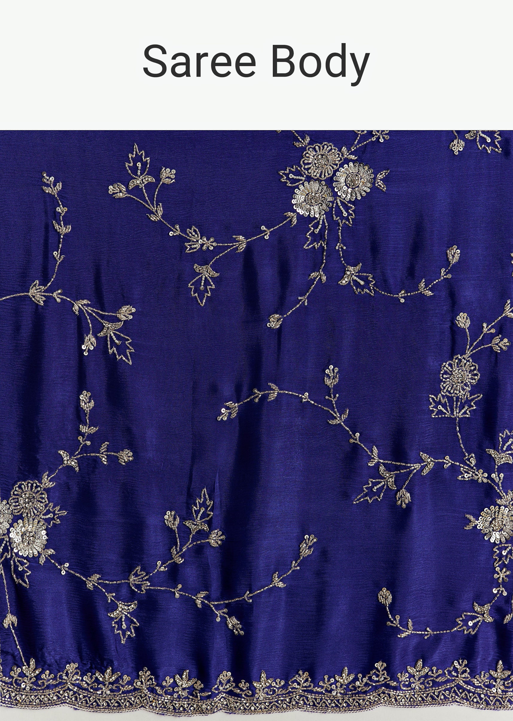 Navy Blue Satin Saree With All Over Floral Jaal Embroidery - Image 9