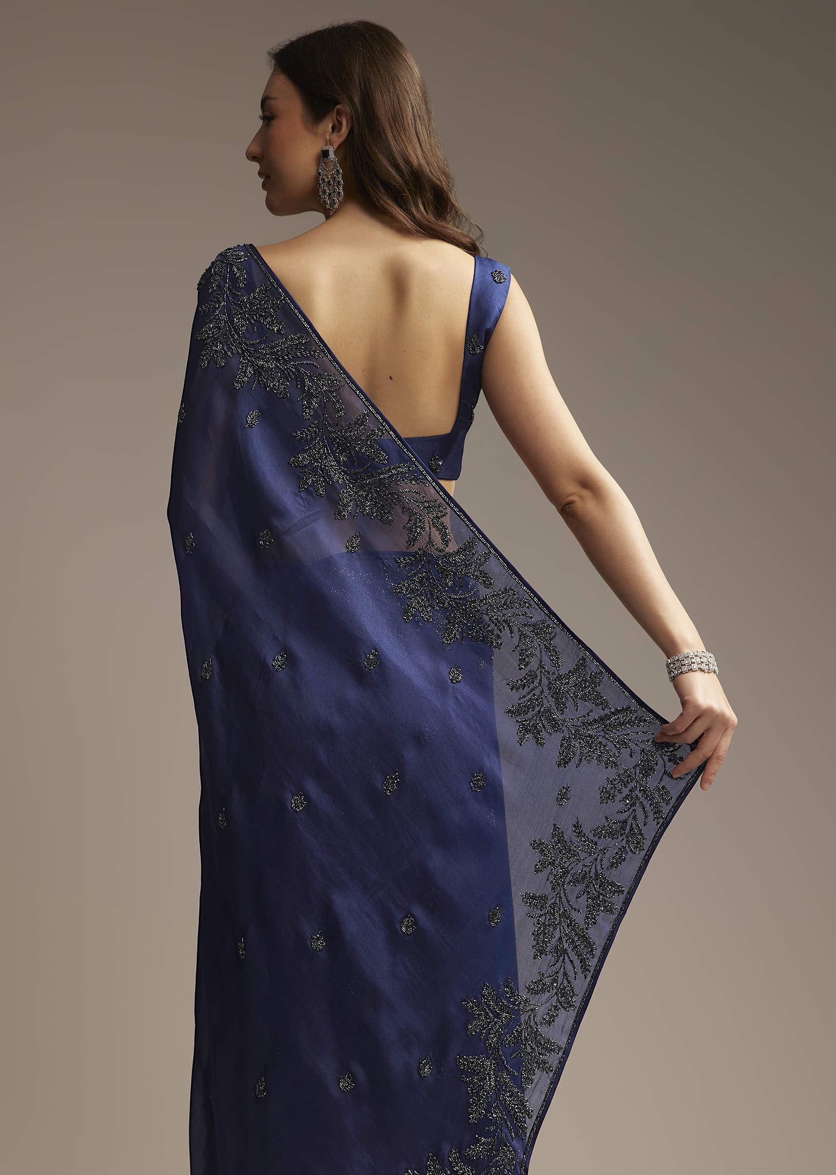 Navy Blue Satin Saree with Cutdana Embroidery - Image 3