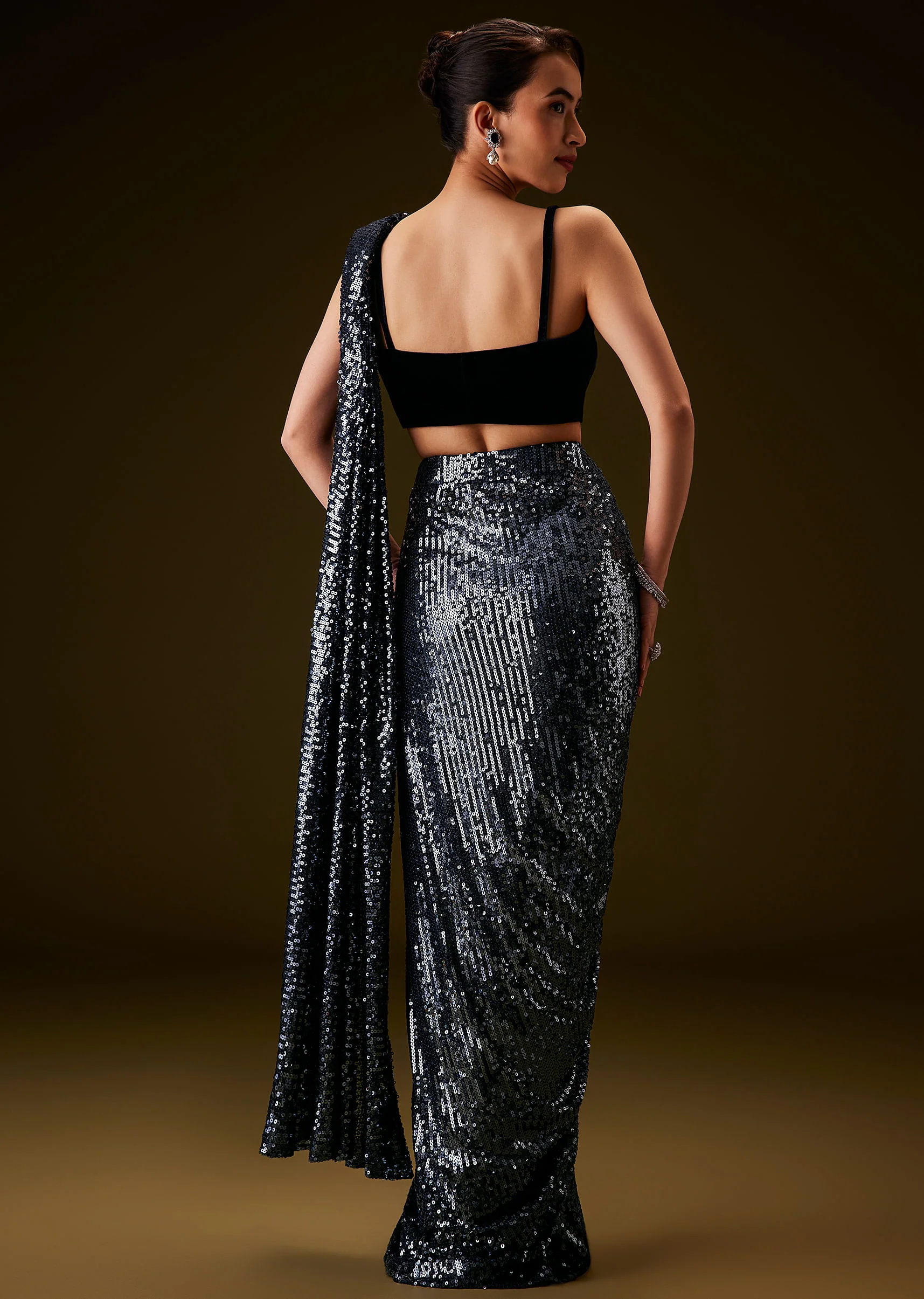 Navy Blue Sequin Velvet Saree - Image 5