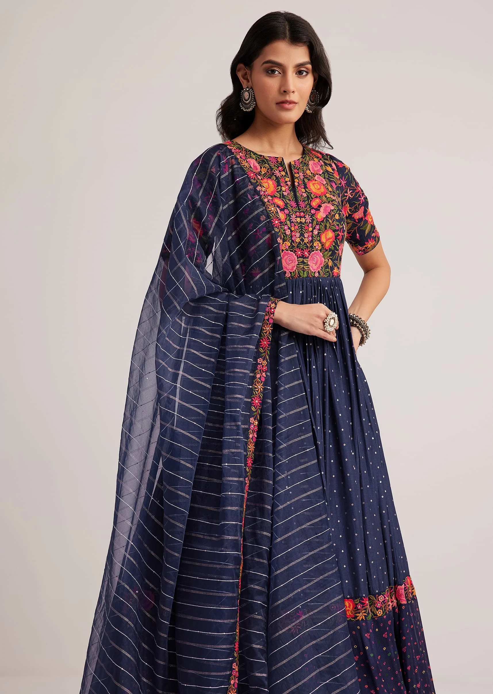 Navy Blue Silk Bandhani Anarkali With Organza Dupatta - Image 4