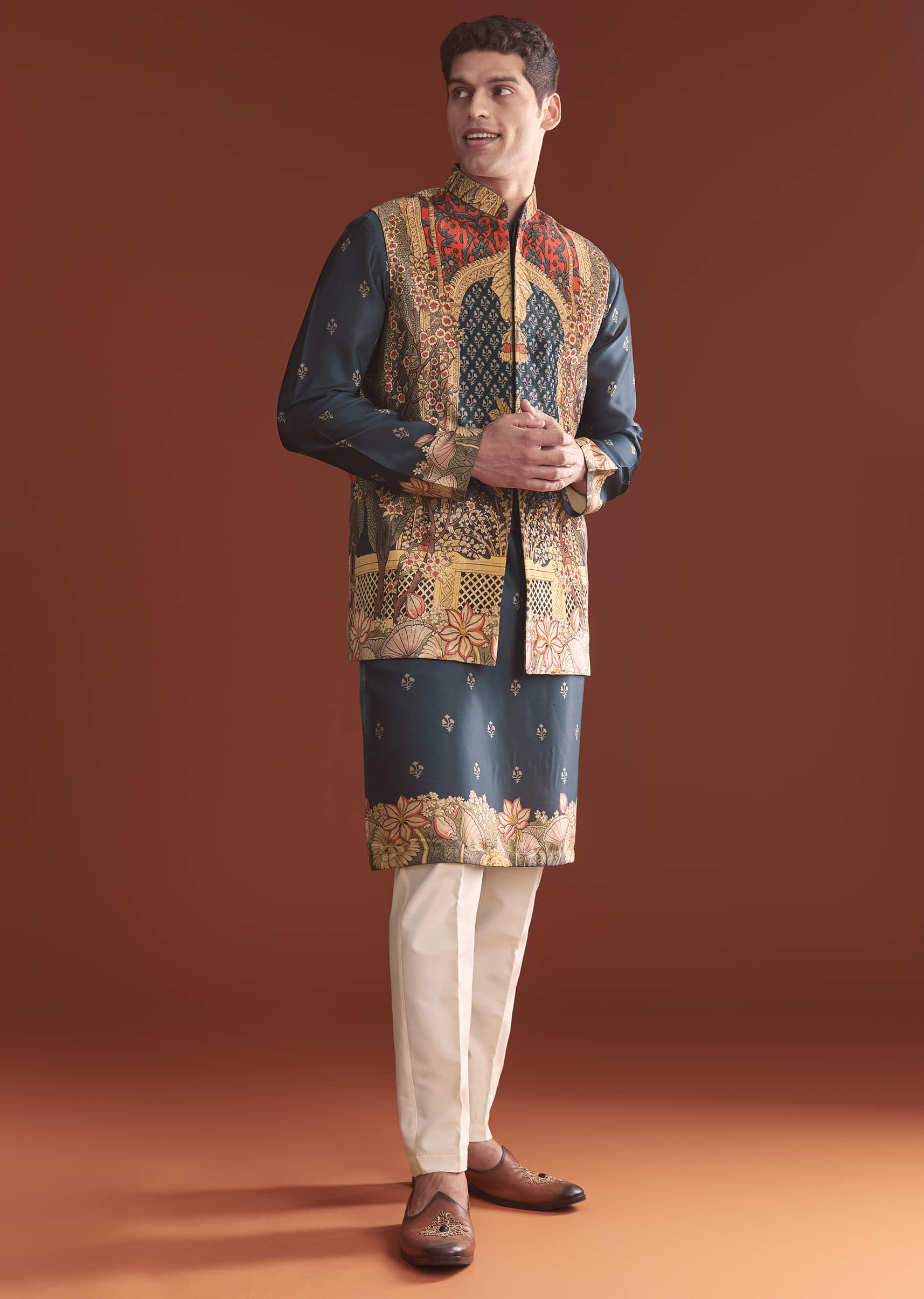 Navy Blue Silk Kurta Jacket Set For Men With Ethnic Print - Image 3