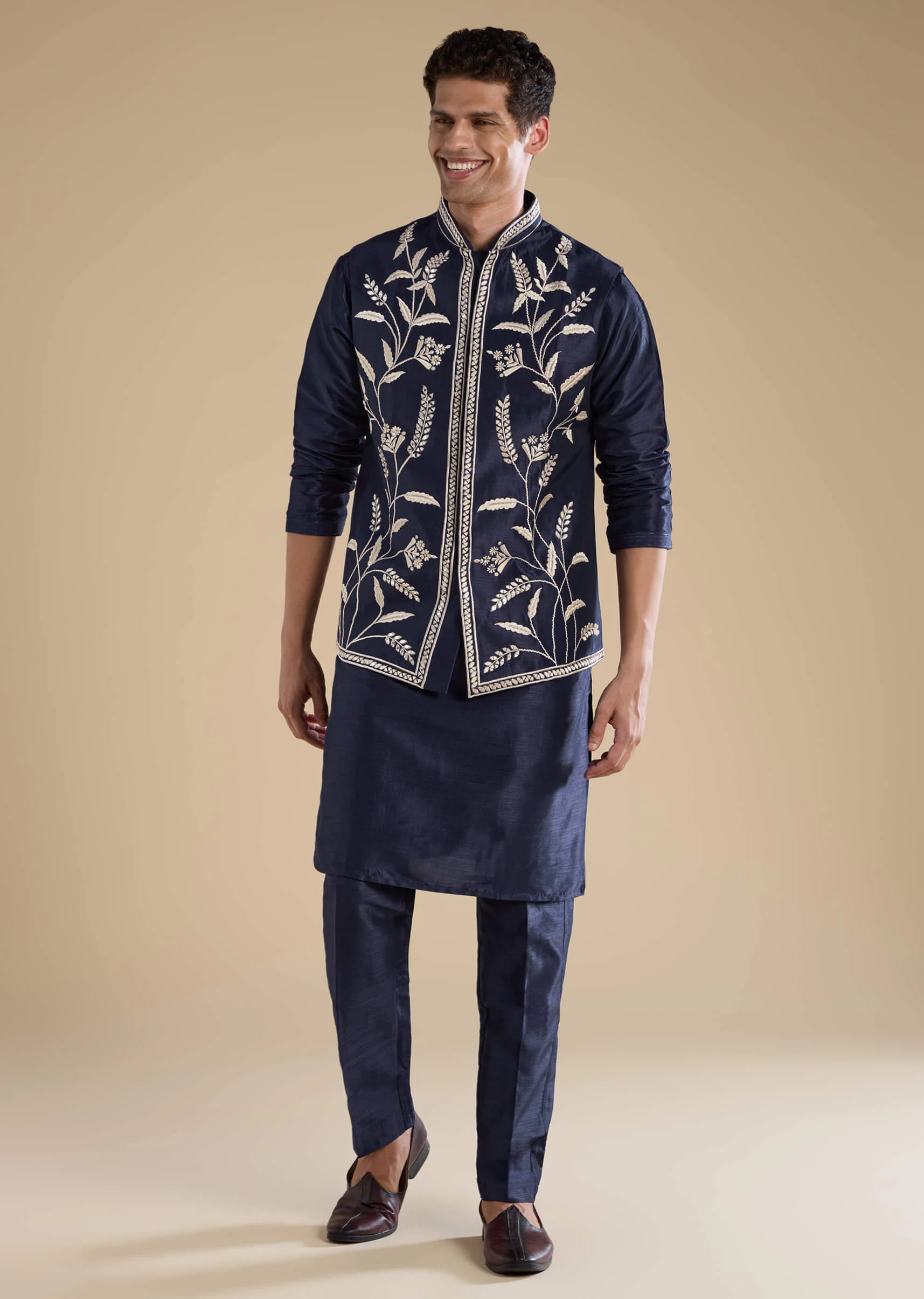 Navy Blue Silk Mirror Embroidered Mens Jacket Kurta and Pant Set