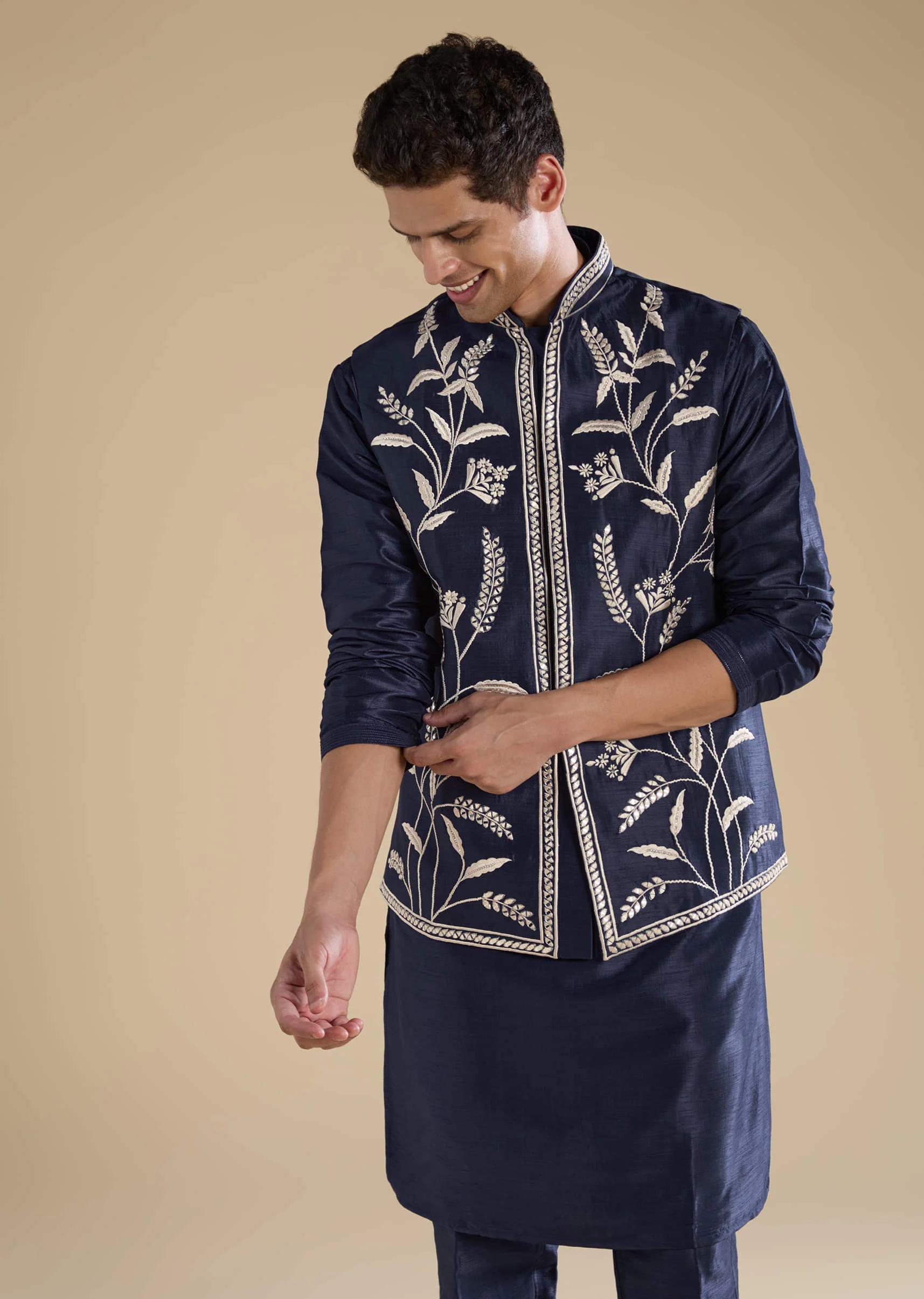 Navy Blue Silk Mirror Embroidered Mens Jacket Kurta and Pant Set - Image 4