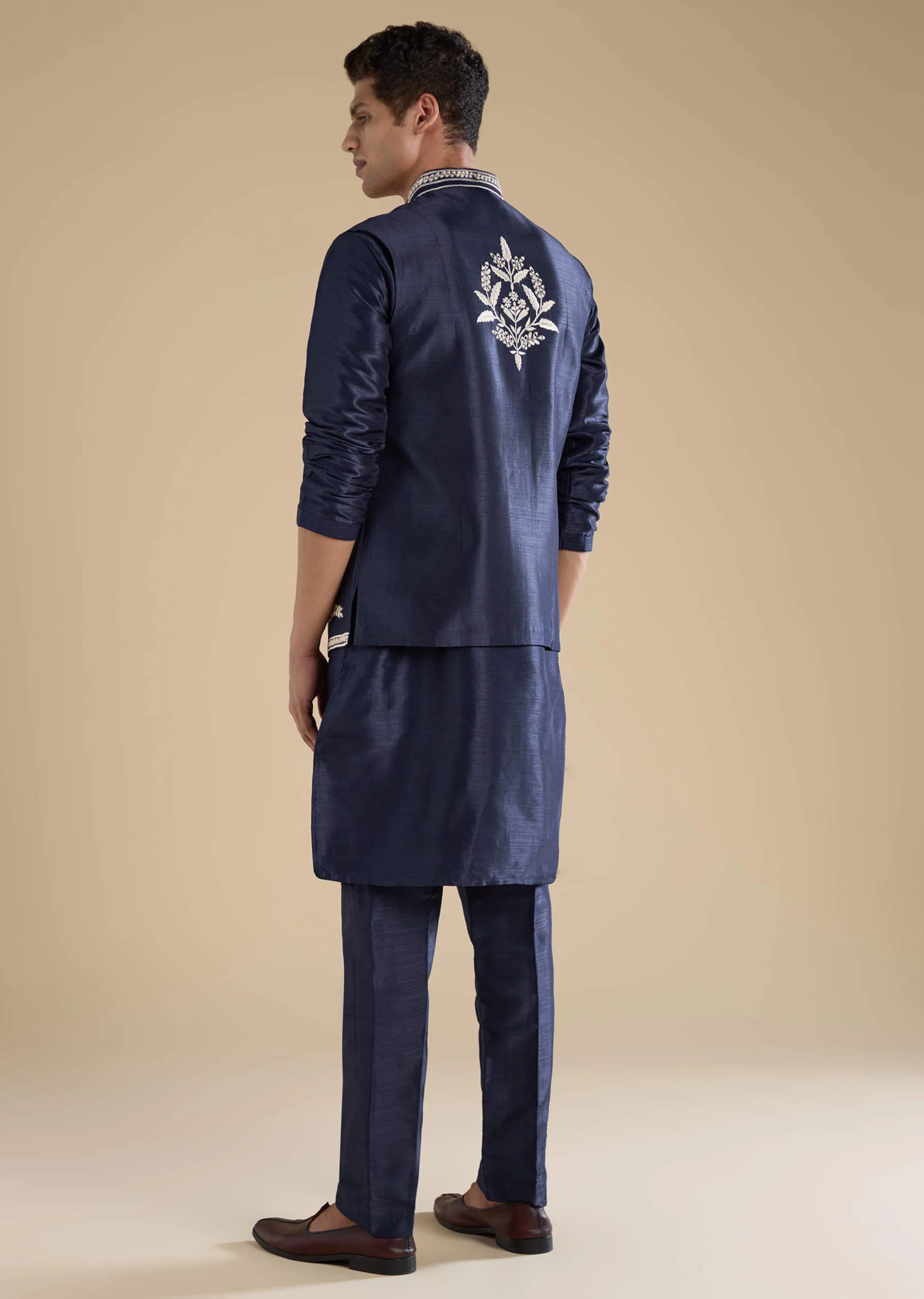 Navy Blue Silk Mirror Embroidered Mens Jacket Kurta and Pant Set - Image 5