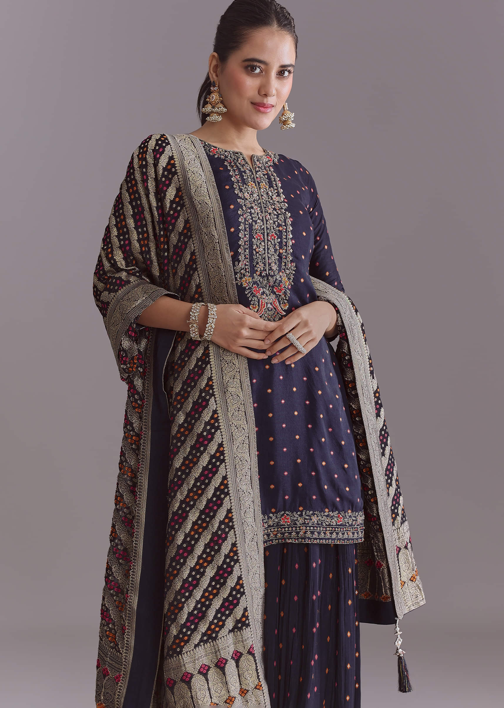 Navy Blue Silk Palazzo Suit With Embroidery And Brocade Dupatta - Image 4