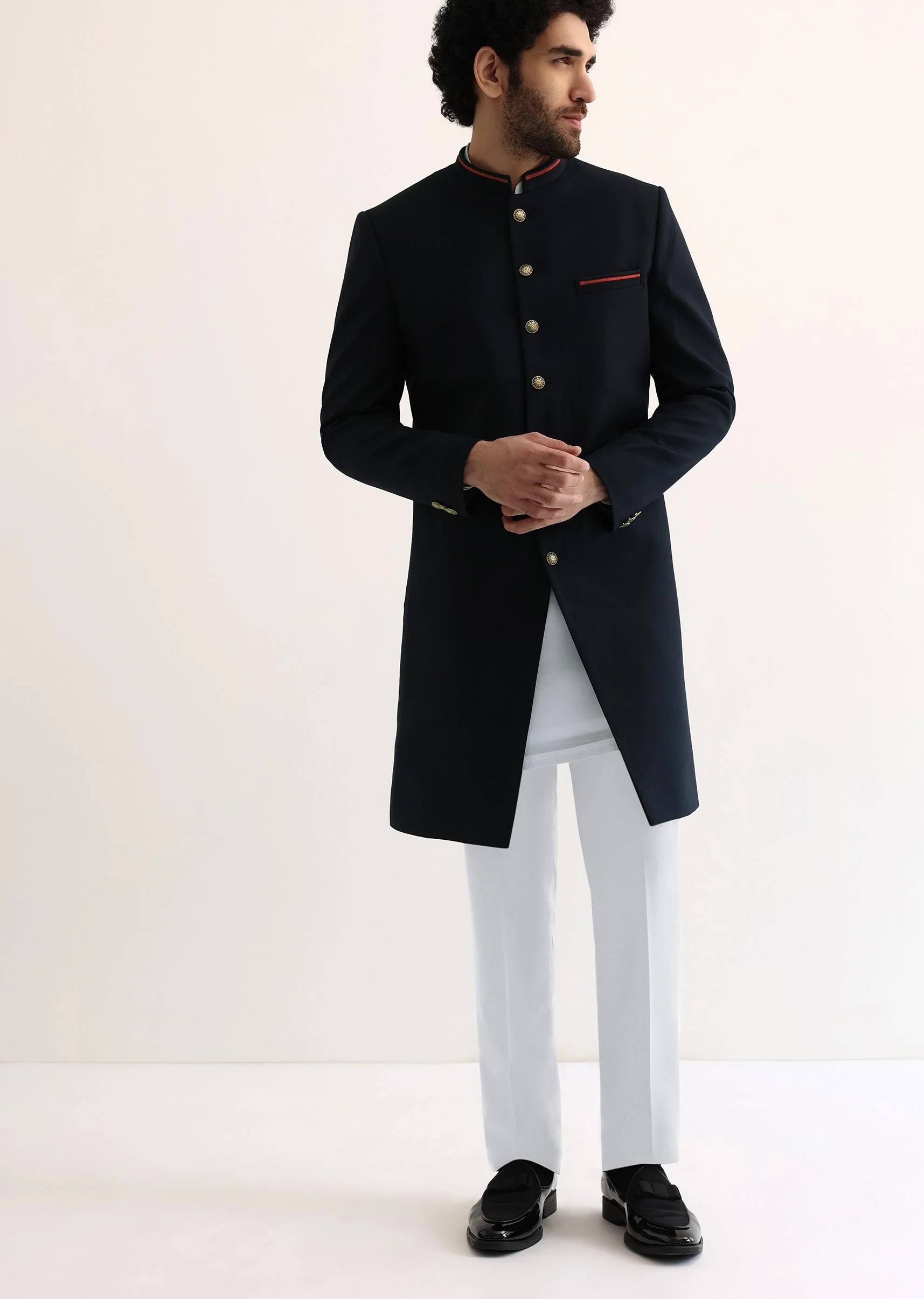 Navy Blue Suiting Indowestern For Men - Image 3