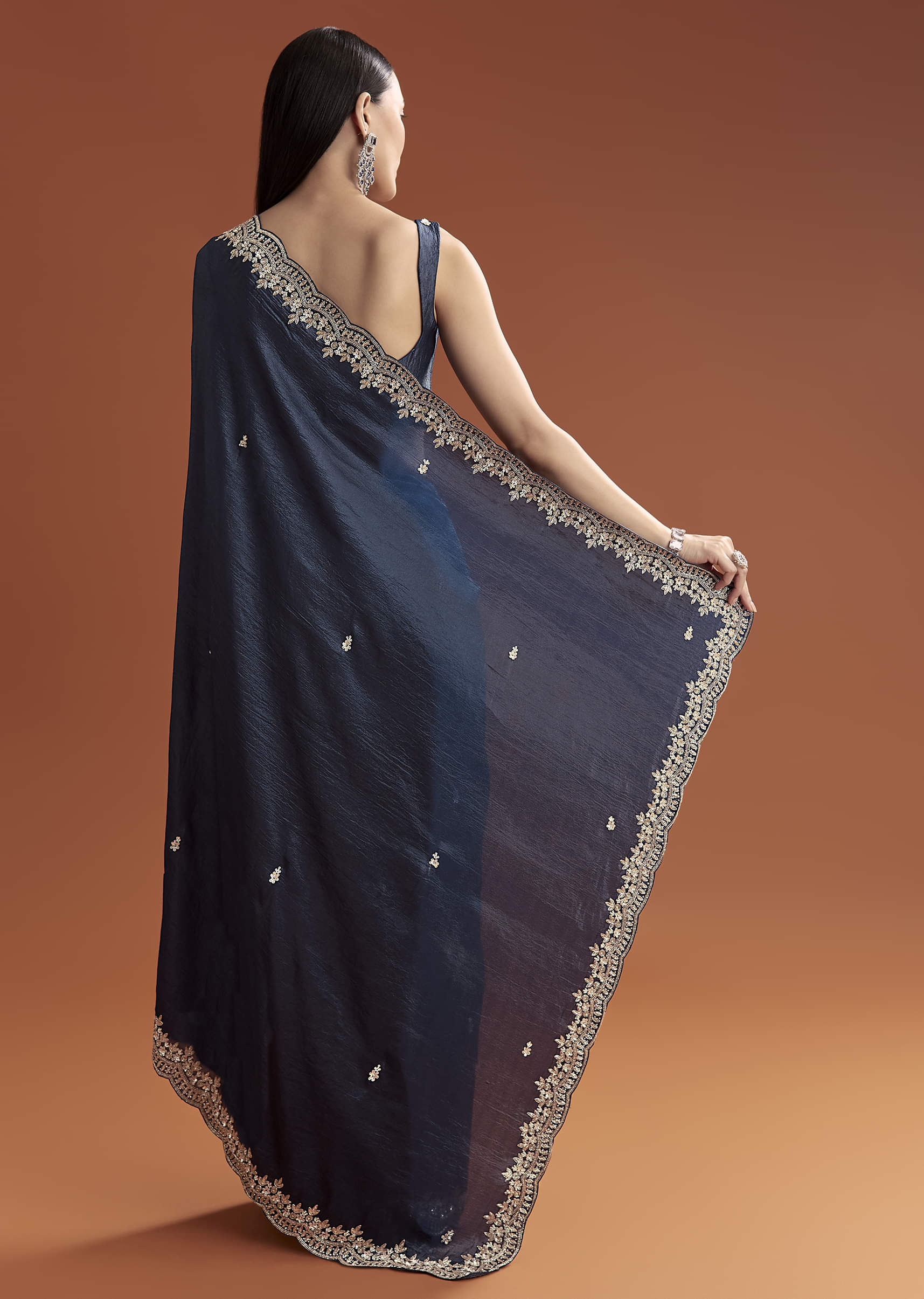 Navy Blue Tissue Saree With Scallop Border And Sequin Work - Image 2