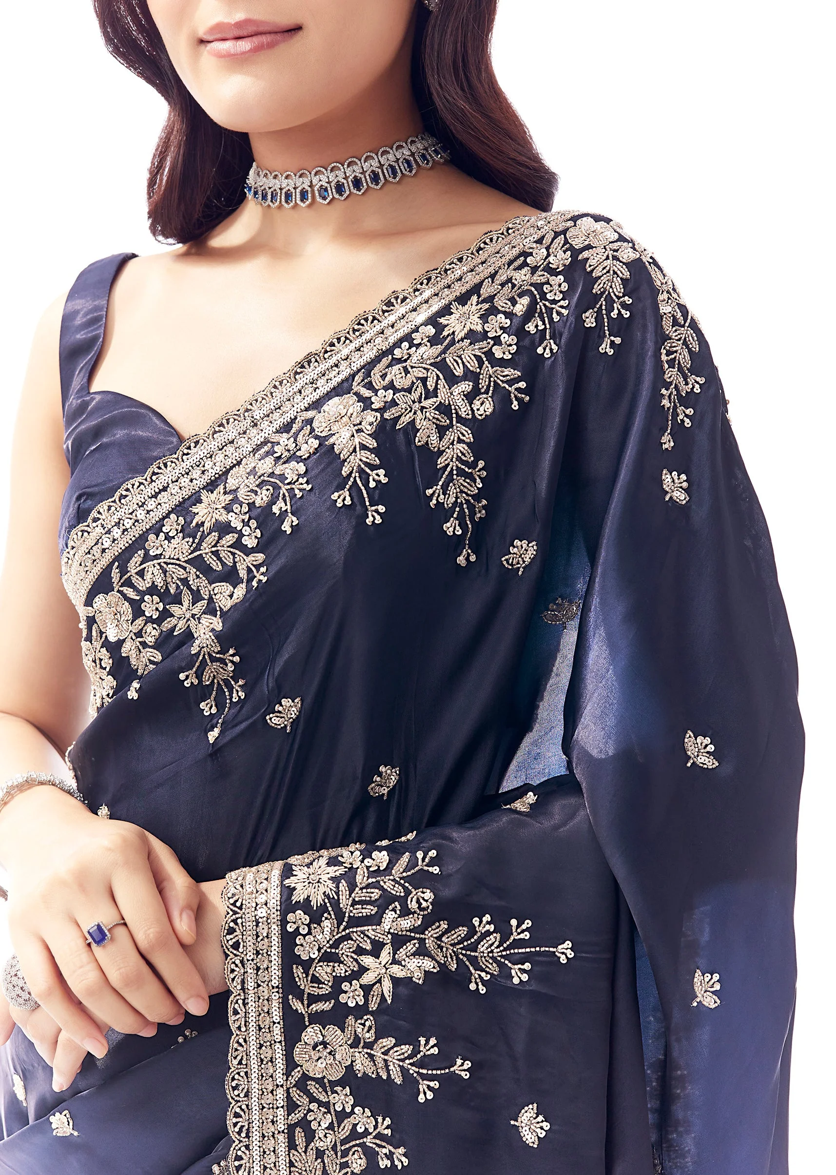 Navy Blue Tissue Silk Saree With Heavy Floral Embroidered Butti Border - Image 2