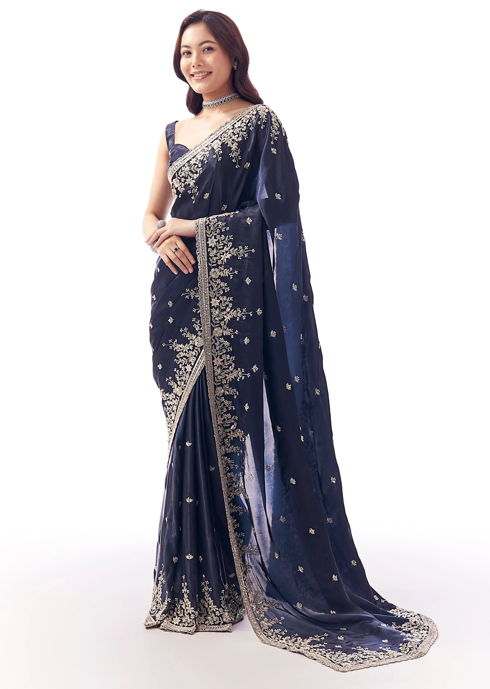 Navy Blue Tissue Silk Saree With Heavy Floral Embroidered Butti Border - Image 3