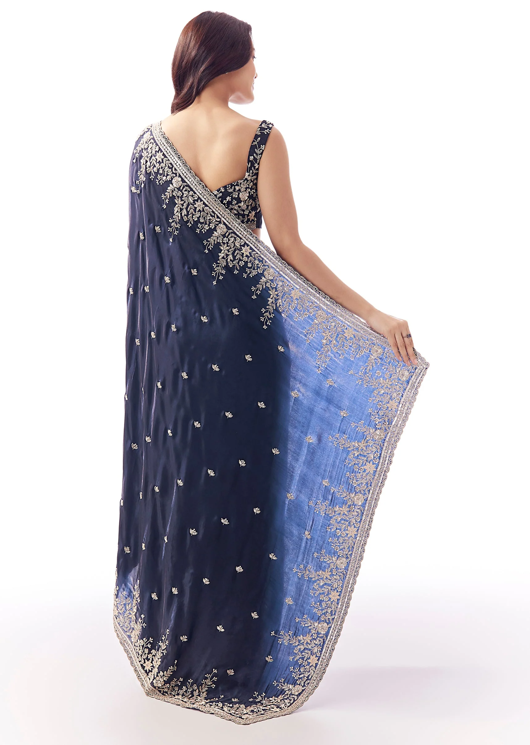 Navy Blue Tissue Silk Saree With Heavy Floral Embroidered Butti Border - Image 4