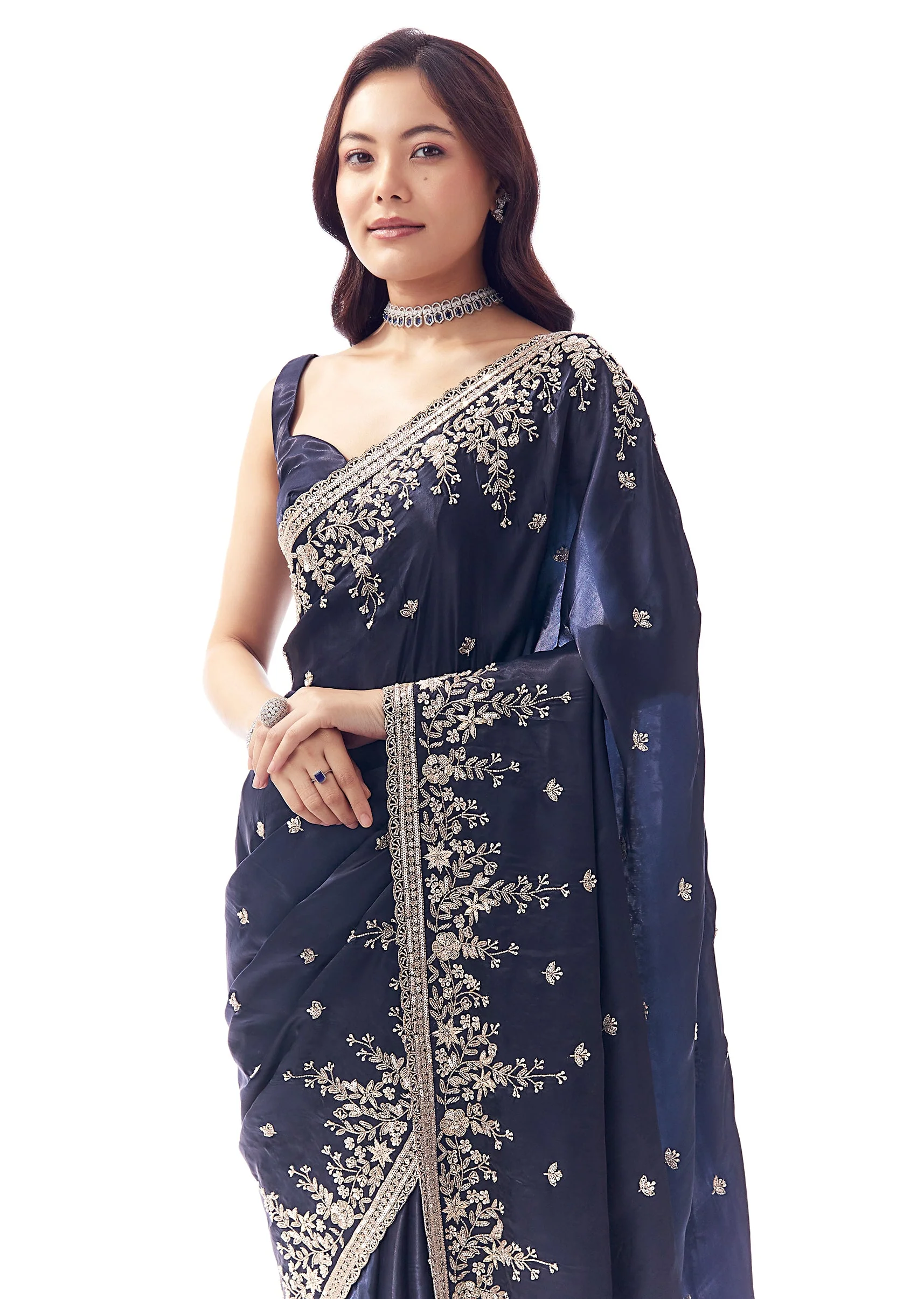 Navy Blue Tissue Silk Saree With Heavy Floral Embroidered Butti Border - Image 5