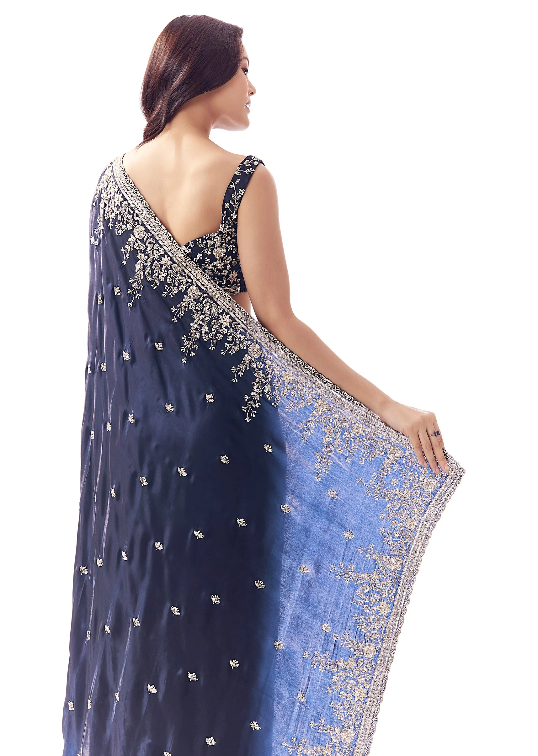 Navy Blue Tissue Silk Saree With Heavy Floral Embroidered Butti Border - Image 6