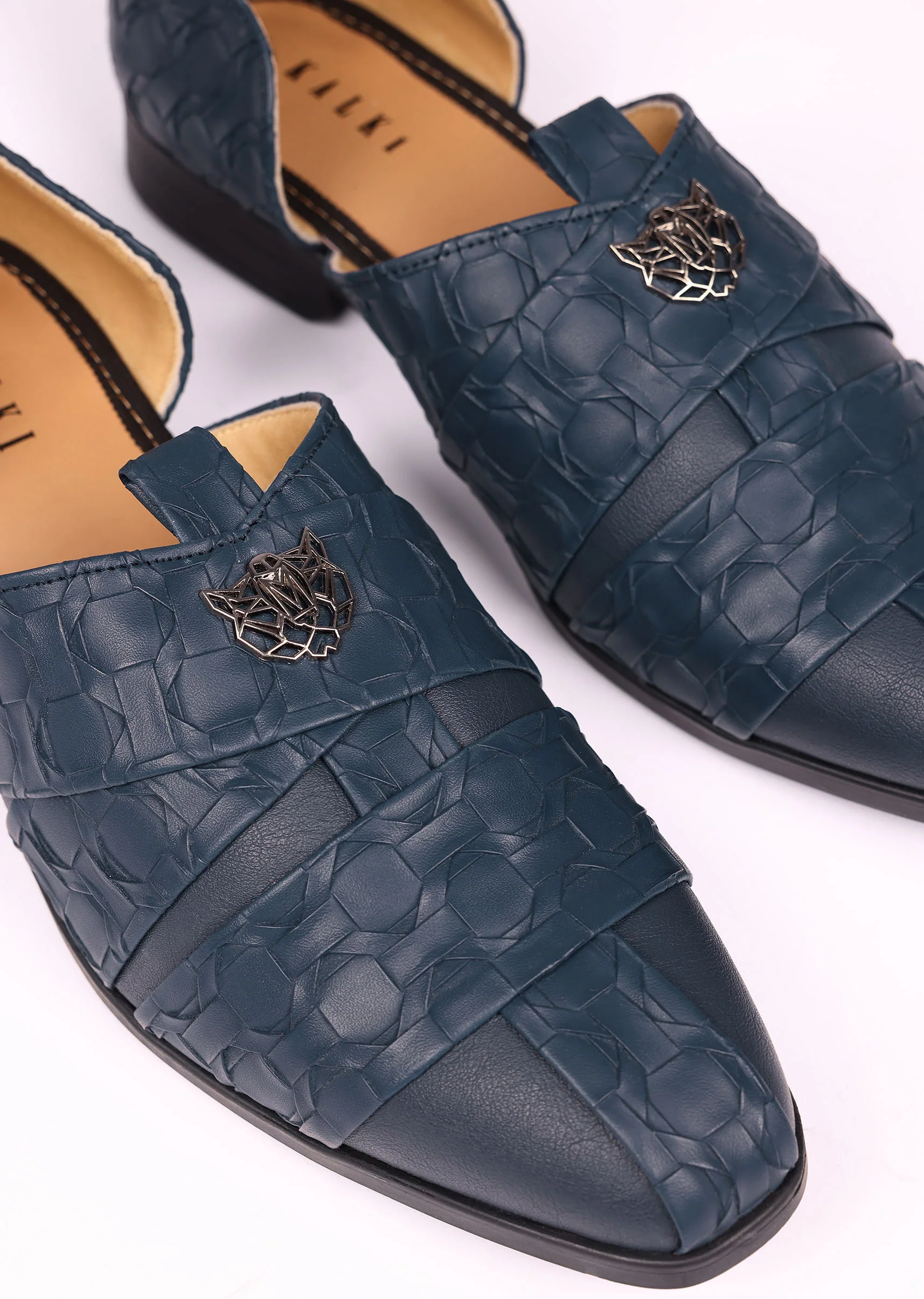 Navy Blue Vegan Leather Jutti With Criss Cross Pattern