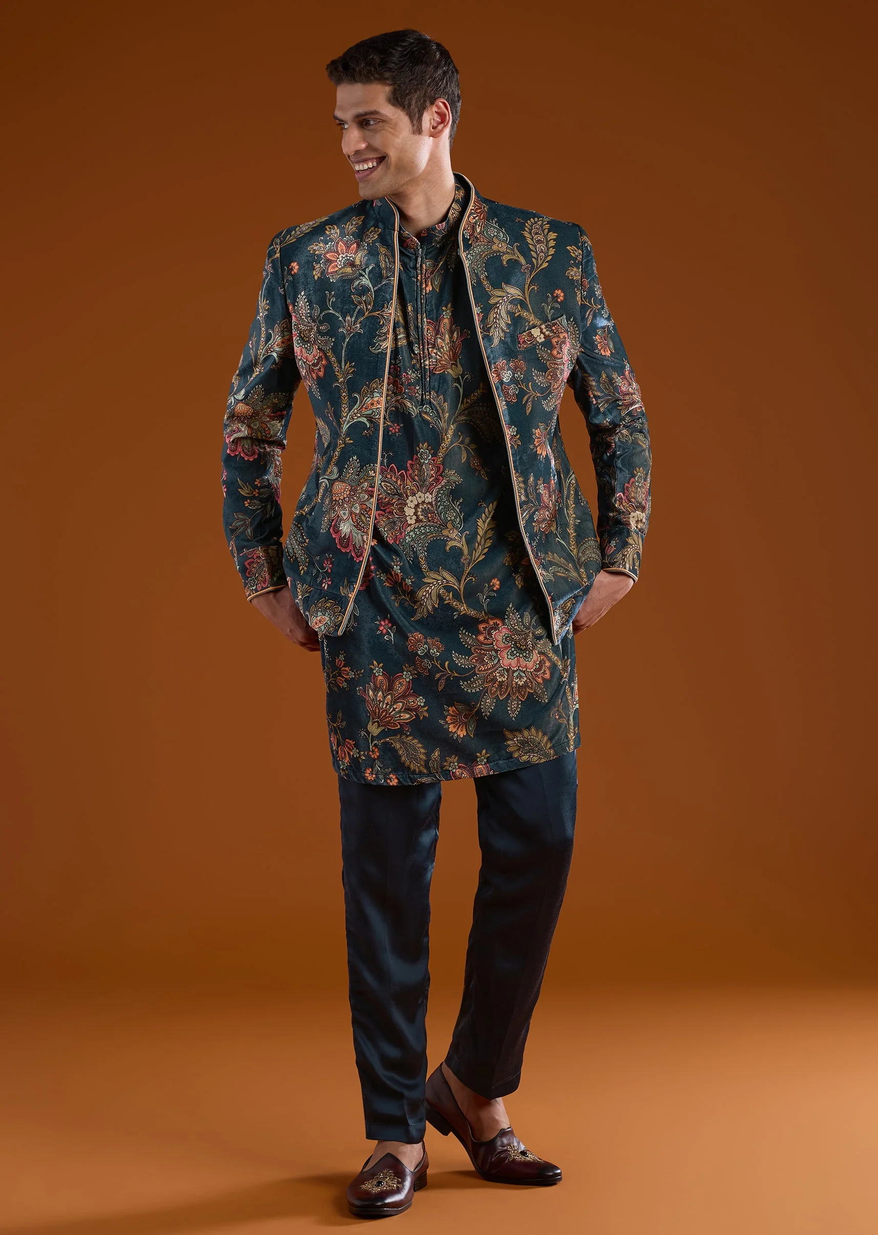 Navy Blue Velvet Embroidered Jodhpuri Kurta Set
