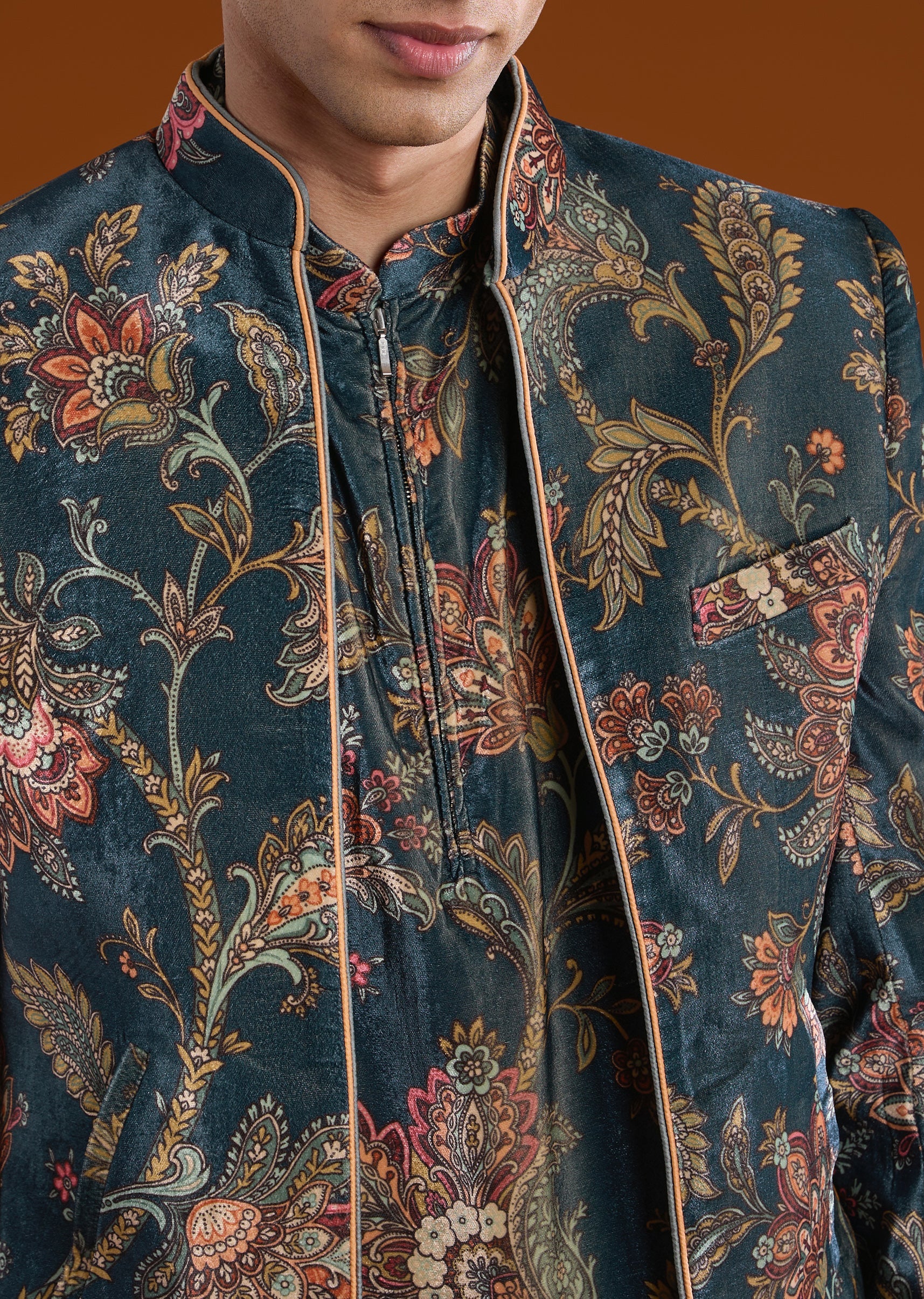 Navy Blue Velvet Embroidered Jodhpuri Kurta Set - Image 2