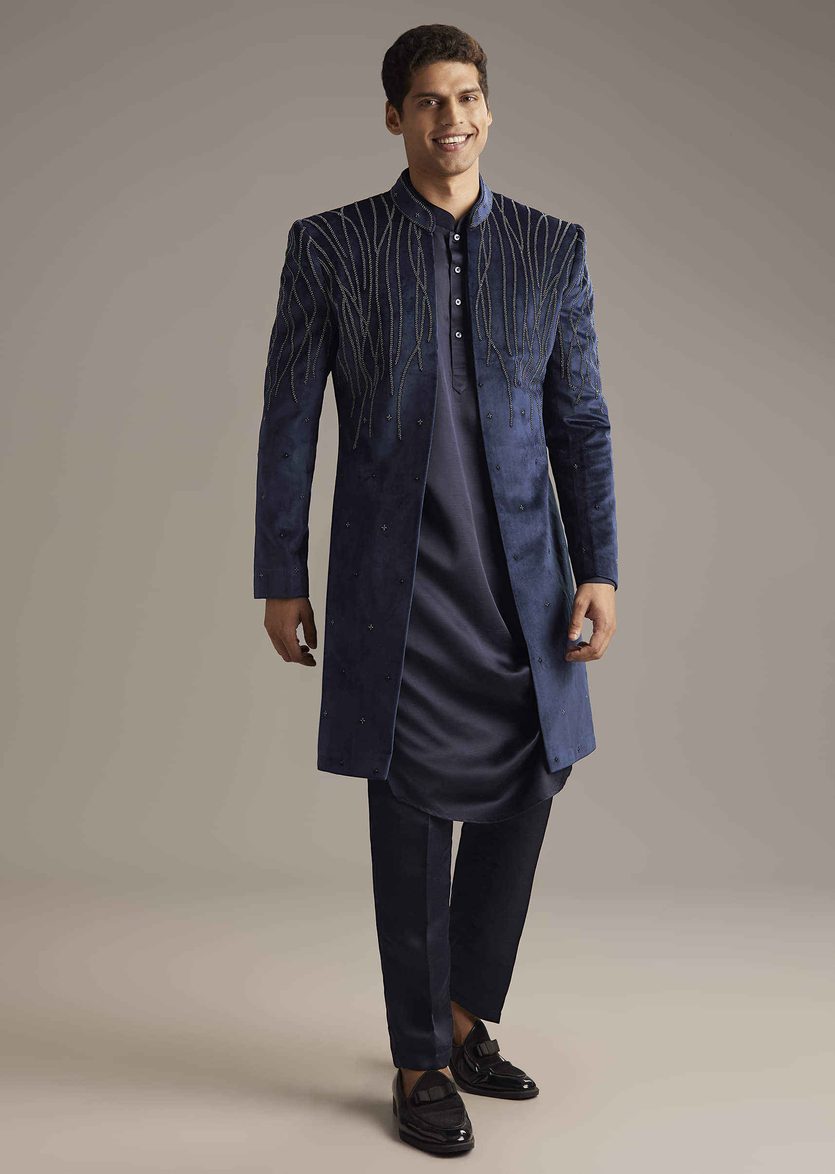 Navy Blue Velvet Indo Western Set For Men With Beads Work - Image 3