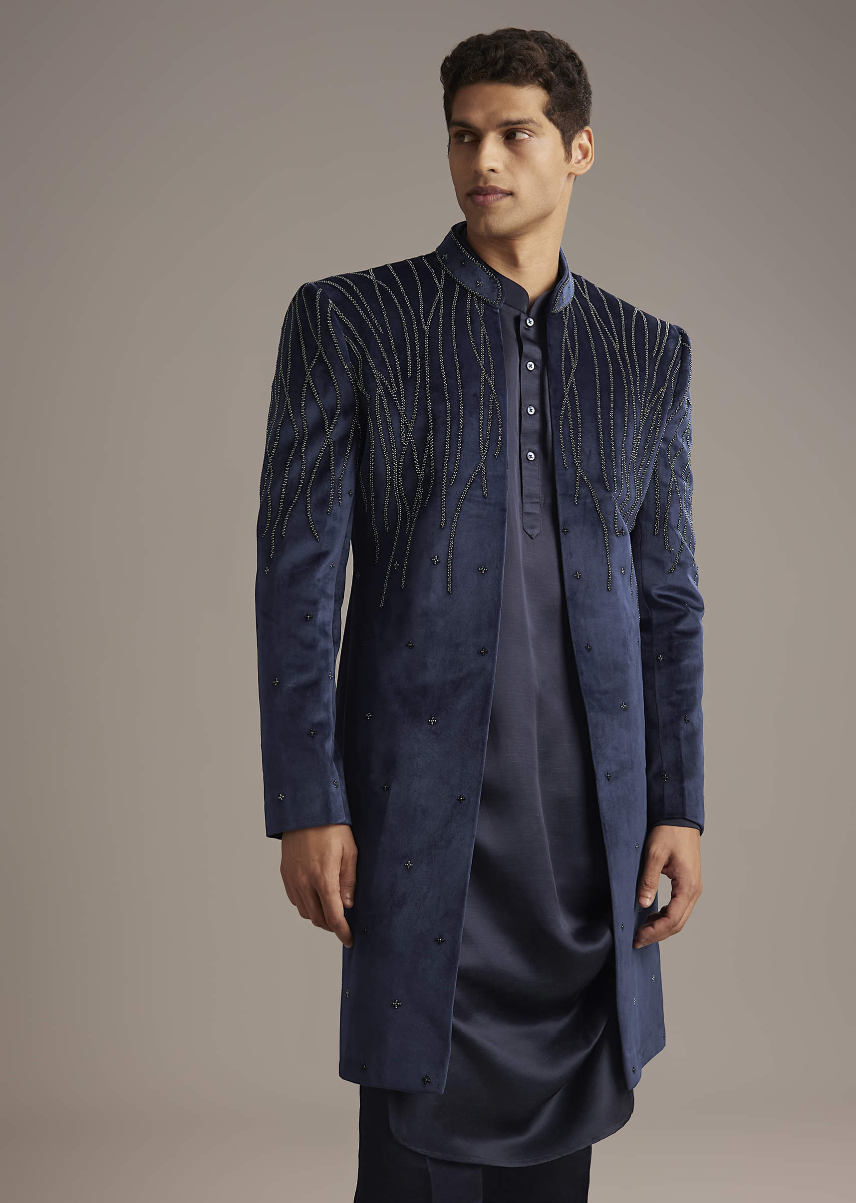 Navy Blue Velvet Indo Western Set For Men With Beads Work - Image 4