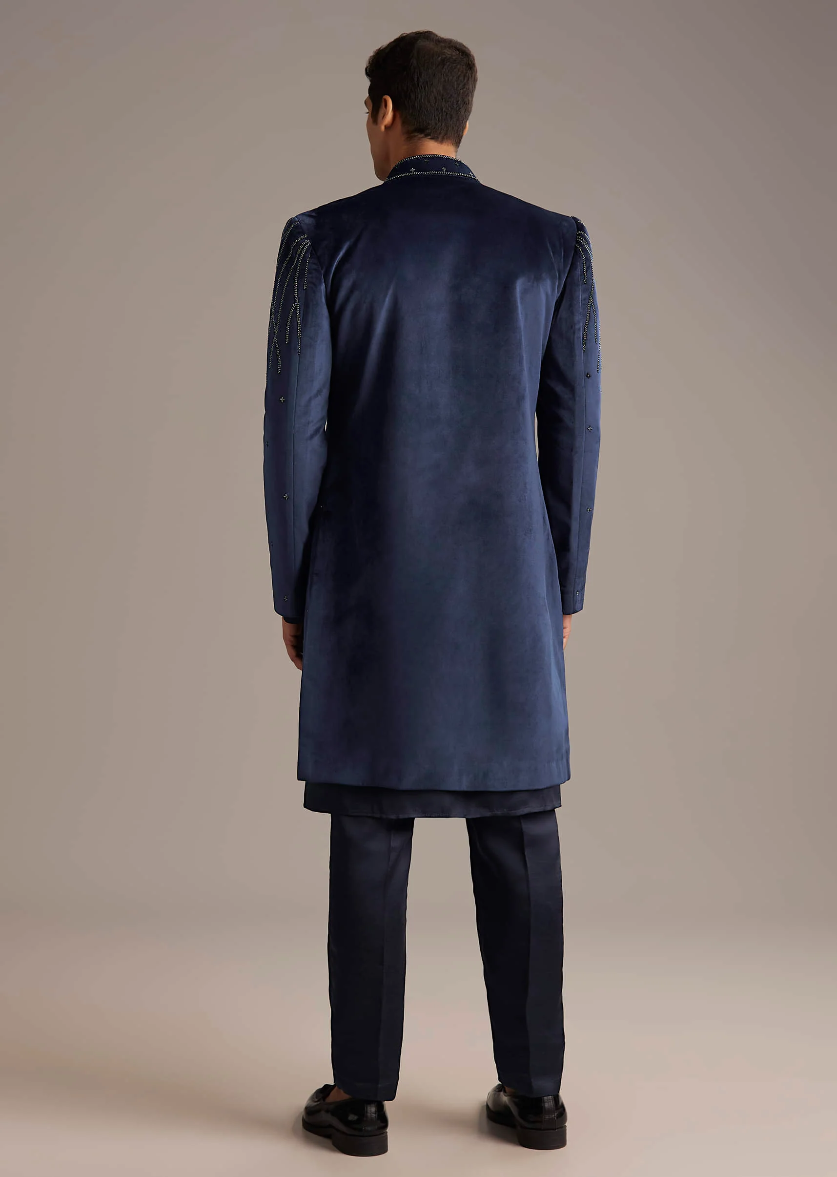 Navy Blue Velvet Indo Western Set For Men With Beads Work - Image 5