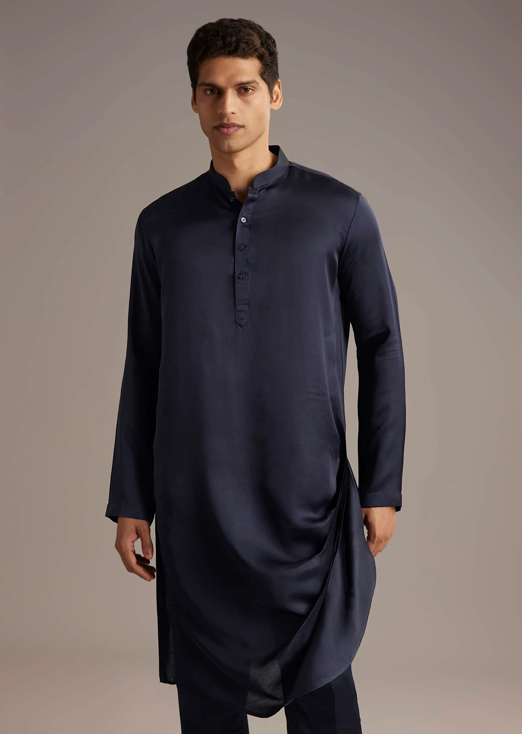 Navy Blue Velvet Indo Western Set For Men With Beads Work - Image 6