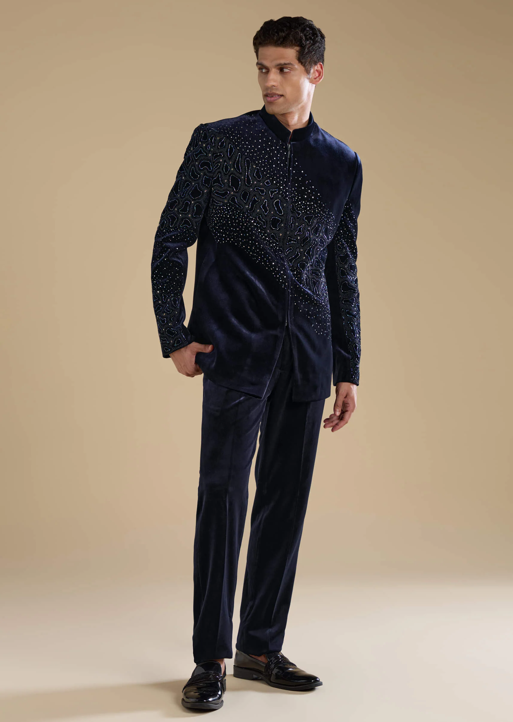 Navy Blue Velvet Jodhpuris with Sequins - Image 3